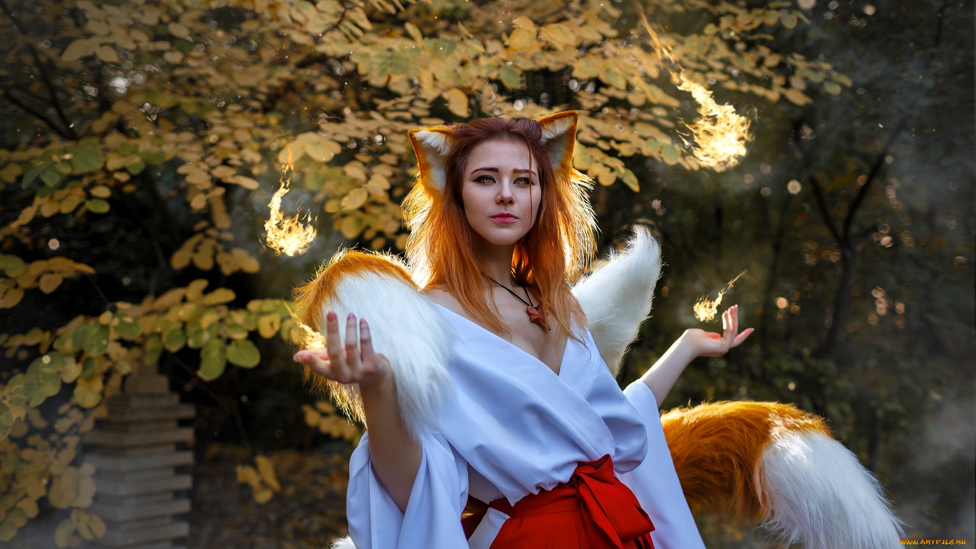 девушки, ира, сокол, образ, косплей, костюм, наряд, лиса, ушки, хвосты, осень, деревья, магия, огонь