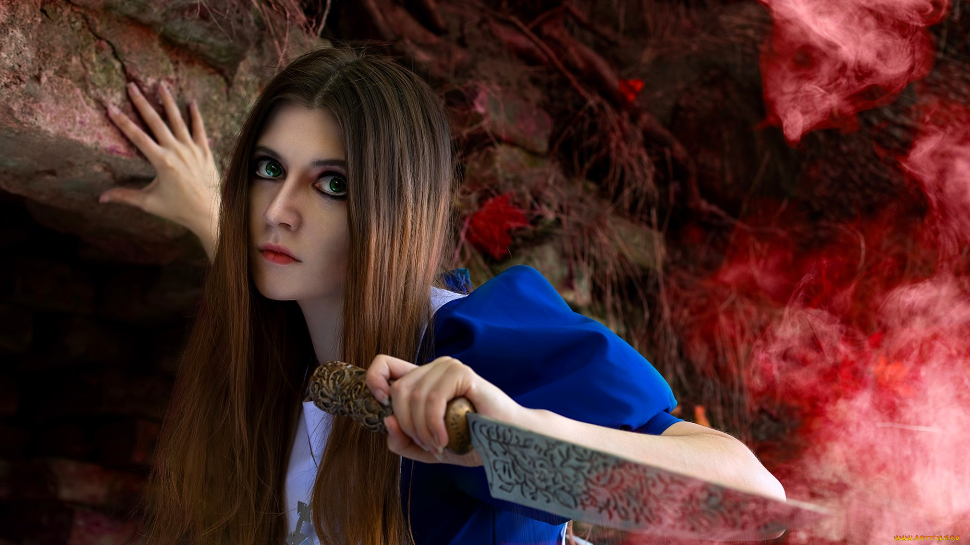 девушки, tomka, violea, образ, косплей, наряд, нож, скала, дым