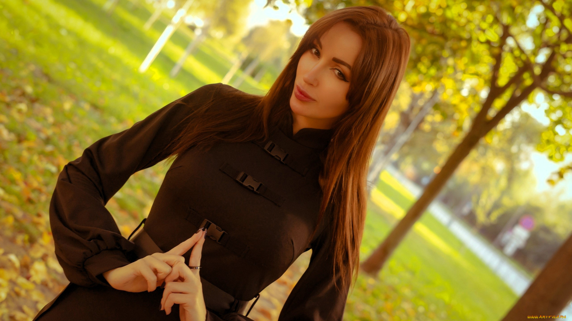 девушки, valery, himera, , lera, himera, шатенка, платье, жест, парк, осень, деревья, трава