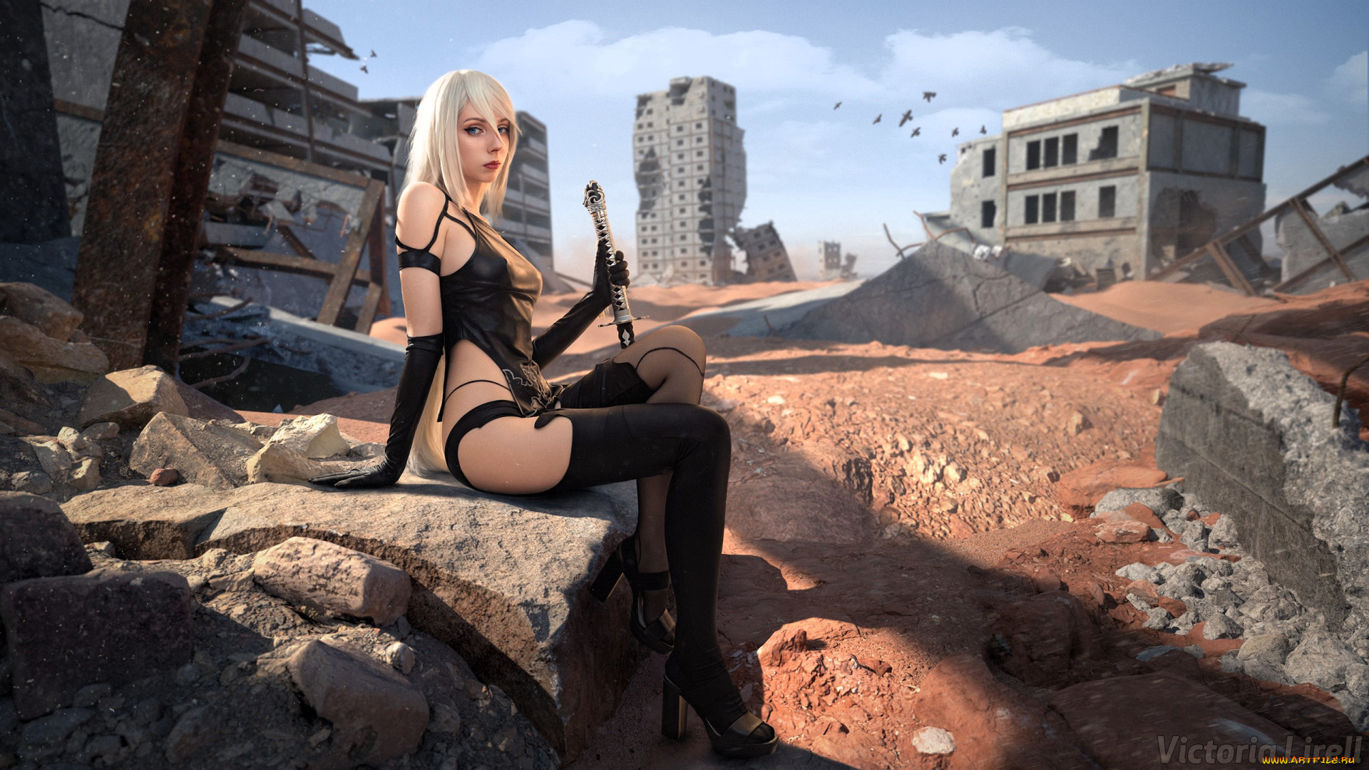 девушки, victoria, lirell, образ, косплей, наряд, костюм, меч, оружие, развалины