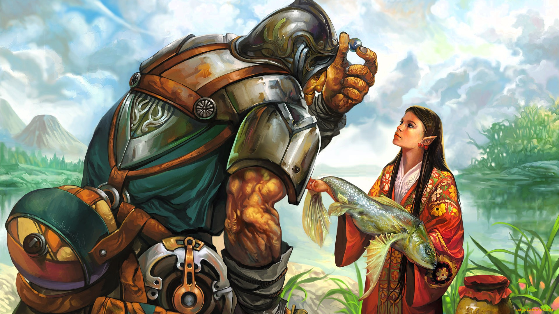 фэнтези, существа, мужчина, жемчужина, девушка, рыба, халат, река