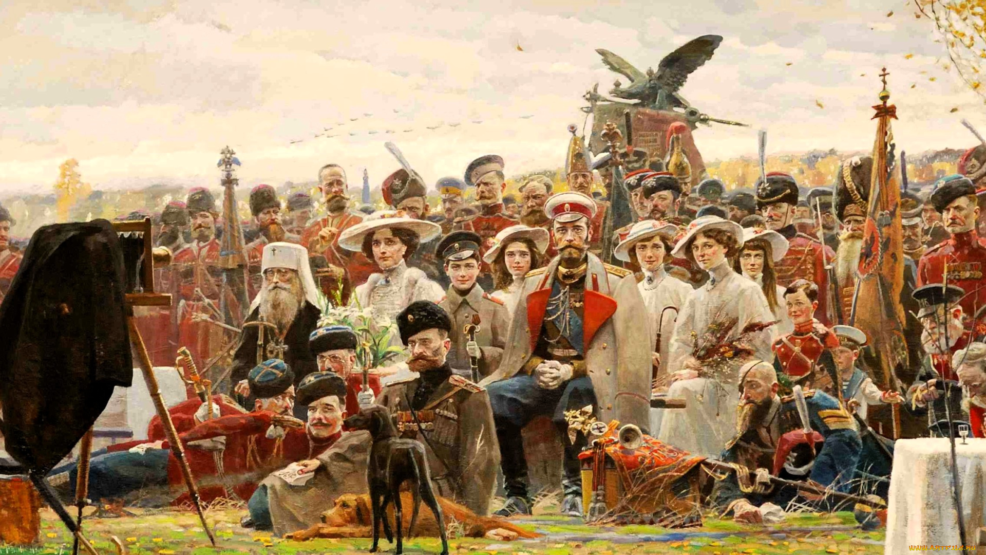 павел, рыженко, -триптих, русский, век, рисованное, царь, семья, священник, казаки, солдаты, собака, фотоаппарат