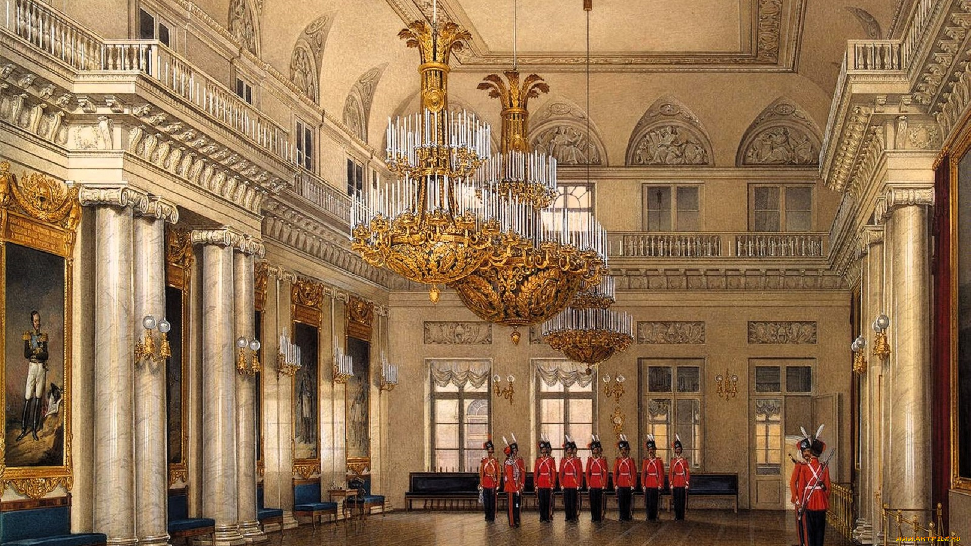 рисованное, эдуард, гау, дворец, интерьер, зал, люстры, колонны, солдаты