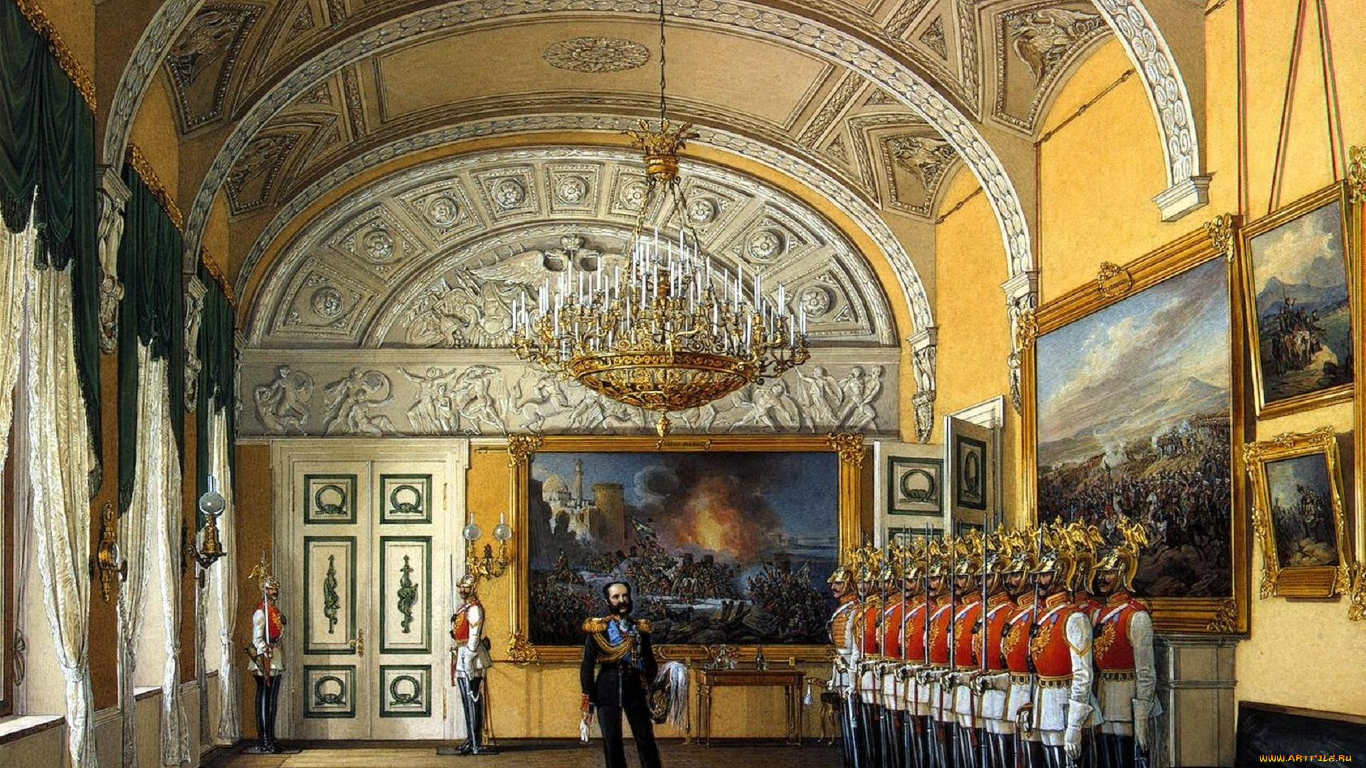 рисованное, эдуард, гау, дворец, интерьер, зал, лепнина, люстра, солдаты, император, картины