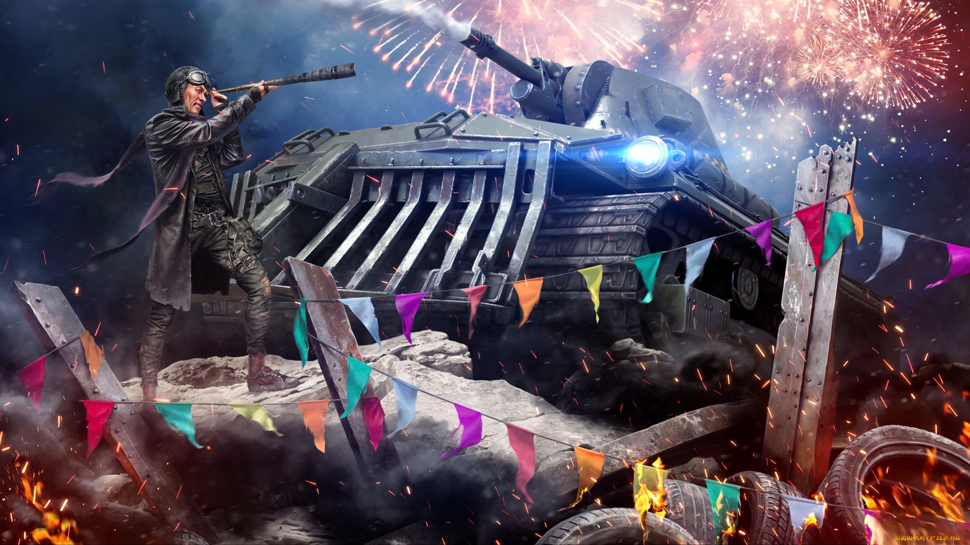 видео, игры, crossout, танк, салют, флажки, человек, очки, подзорная, труба, куча, огонь
