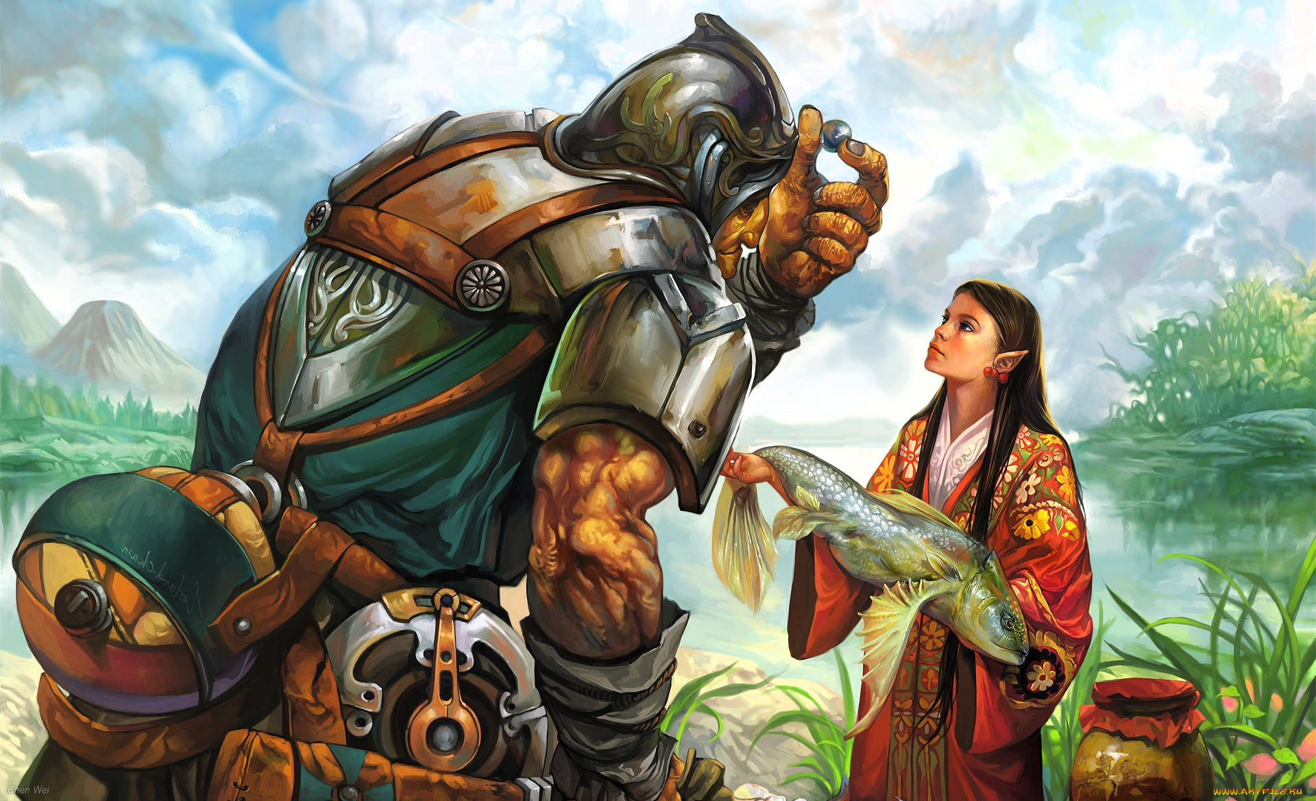 фэнтези, существа, мужчина, жемчужина, девушка, рыба, халат, река