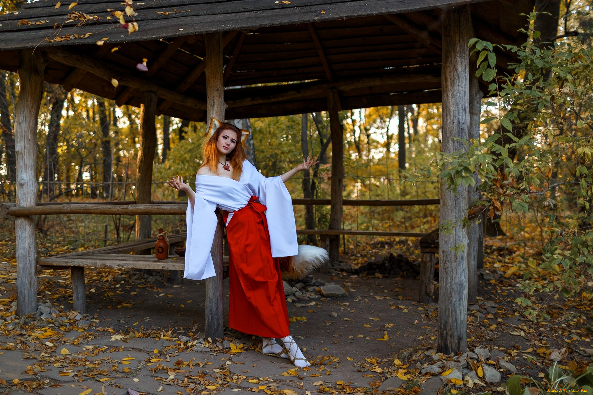 девушки, ира, сокол, образ, косплей, костюм, наряд, лиса, ушки, хвосты, осень, деревья, беседка