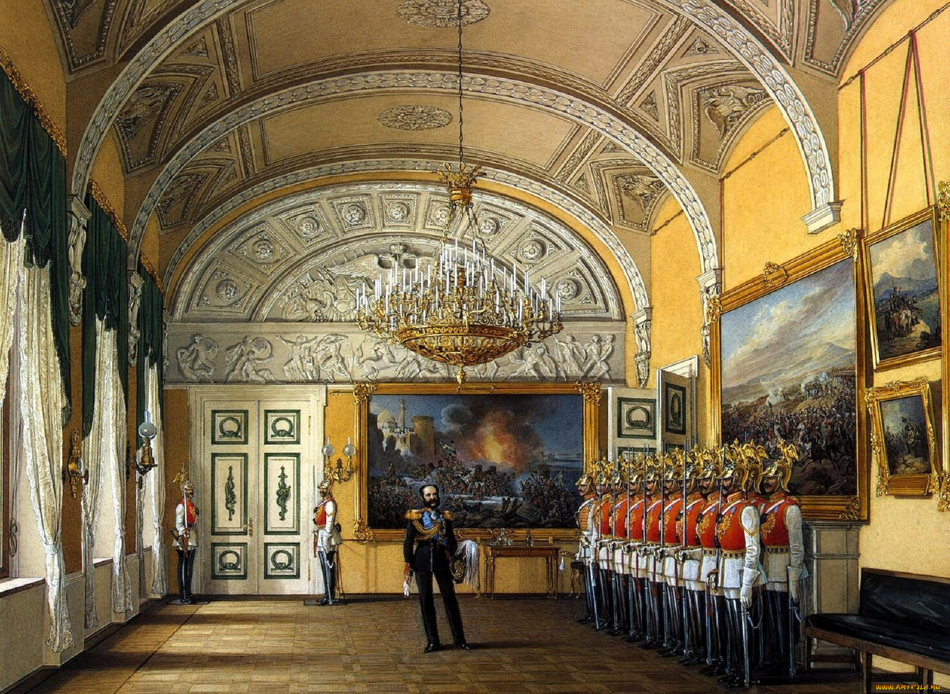 рисованное, эдуард, гау, дворец, интерьер, зал, лепнина, люстра, солдаты, император, картины