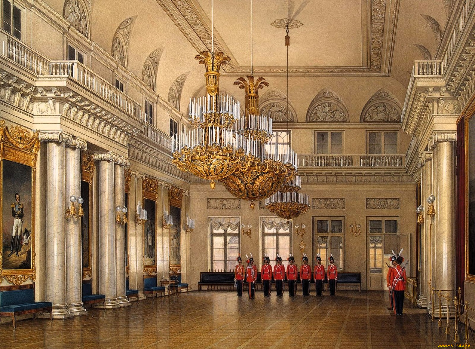рисованное, эдуард, гау, дворец, интерьер, зал, люстры, колонны, солдаты