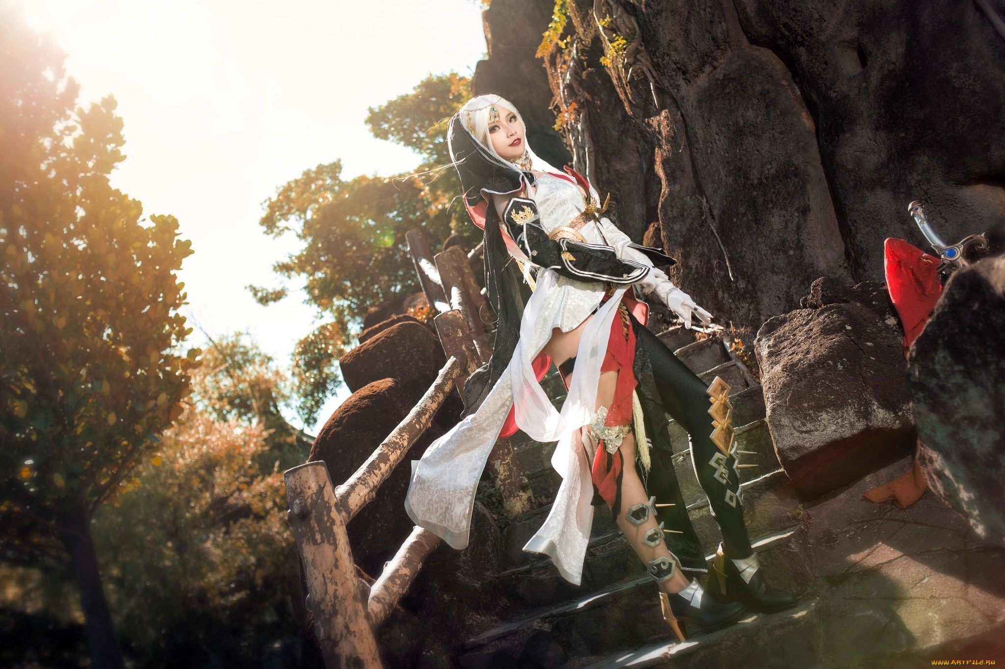 девушки, -, креатив, , косплей, образ, косплей, наряд, костюм, лестница, скала, лес, осень