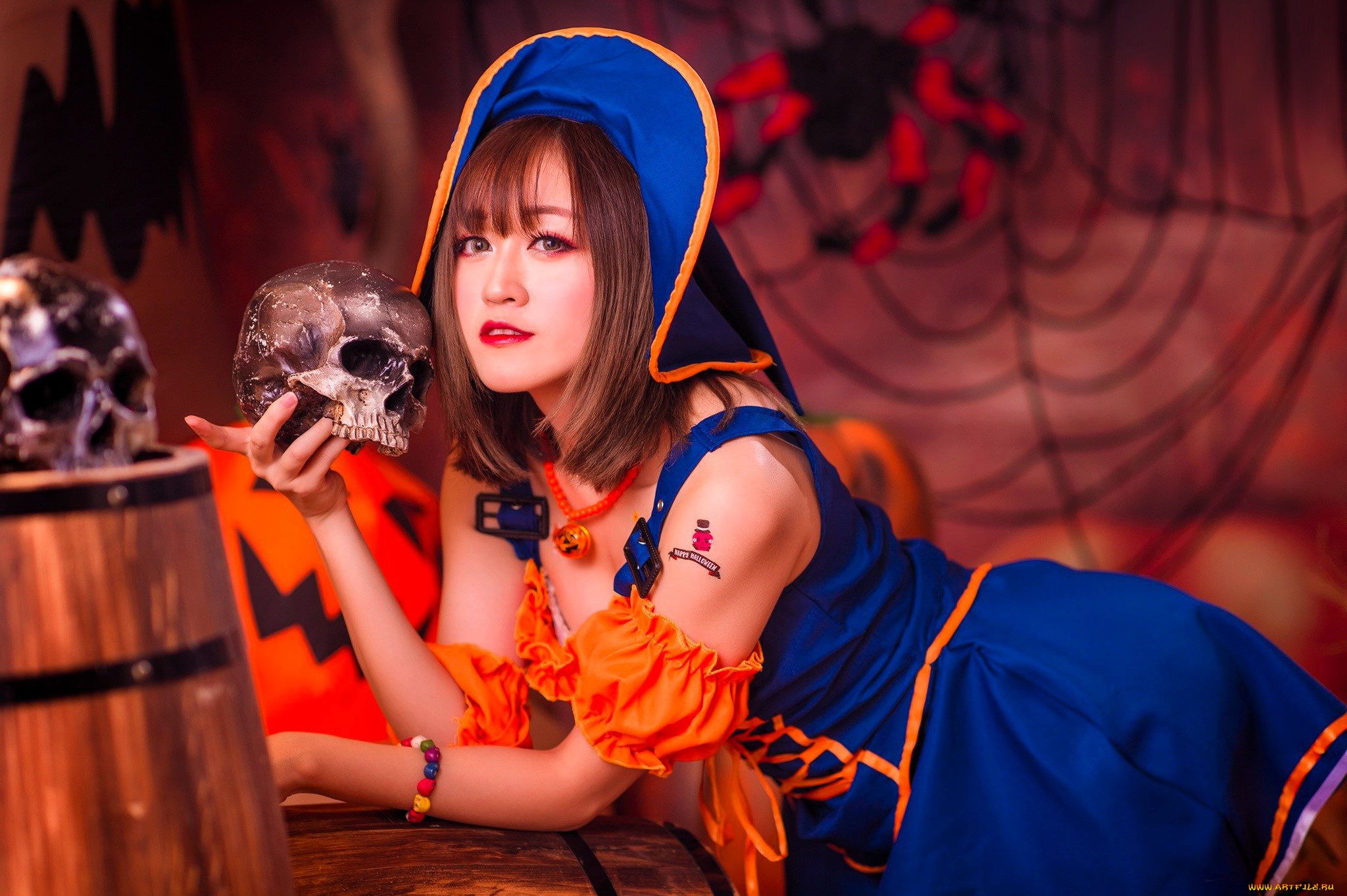 девушки, -, креатив, , косплей, образ, косплей, костюм, наряд, черепа, бочка, паутина