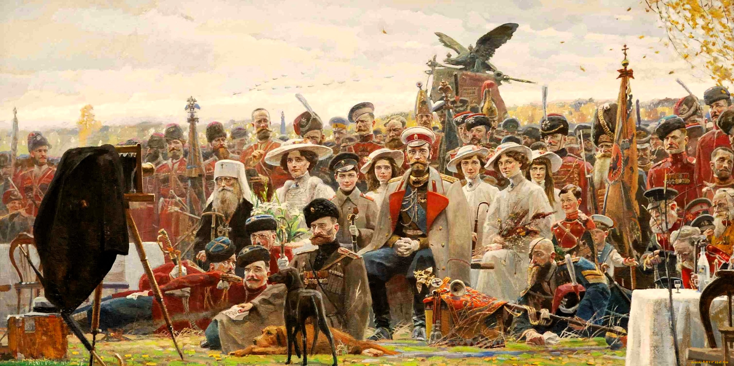 павел, рыженко, -триптих, русский, век, рисованное, царь, семья, священник, казаки, солдаты, собака, фотоаппарат