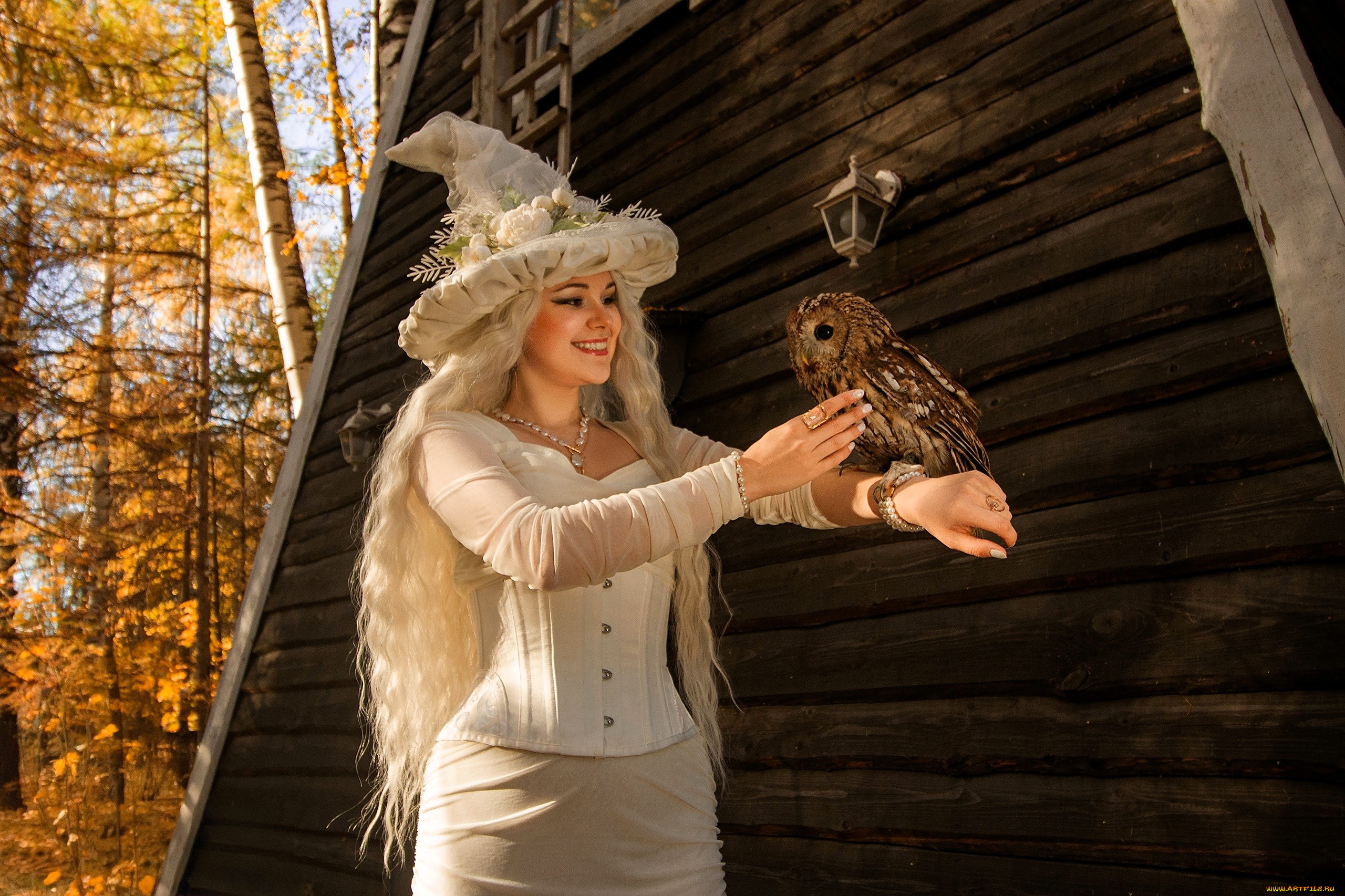 девушки, -, креатив, , косплей, образ, косплей, наряд, костюм, ведьма, шляпа, платье, сова, дом, осень, лес