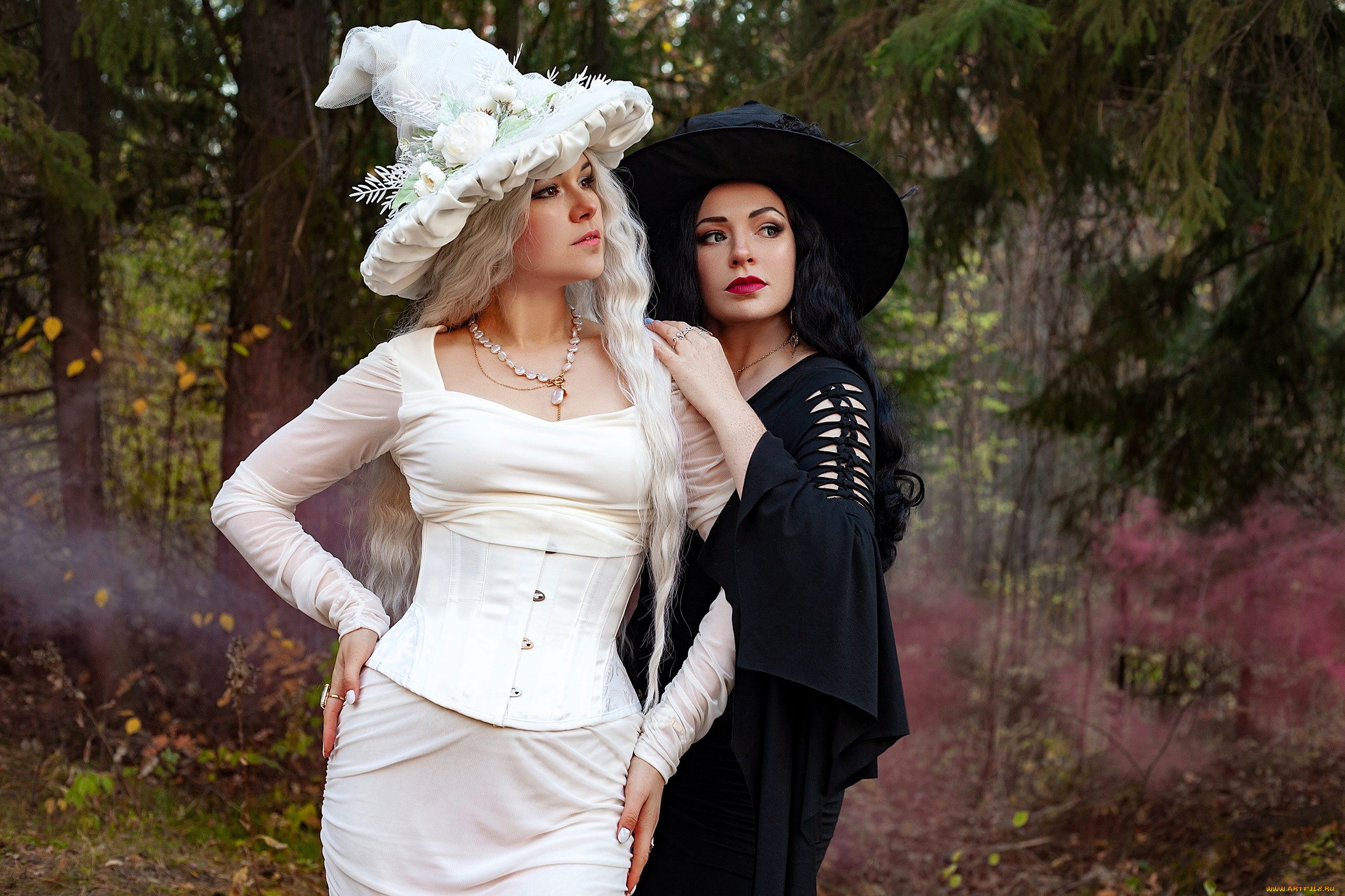 девушки, юлия, огородникова, образы, косплей, наряды, костюмы, подруги, ведьмы, платья, шляпы, осень, лес, дым