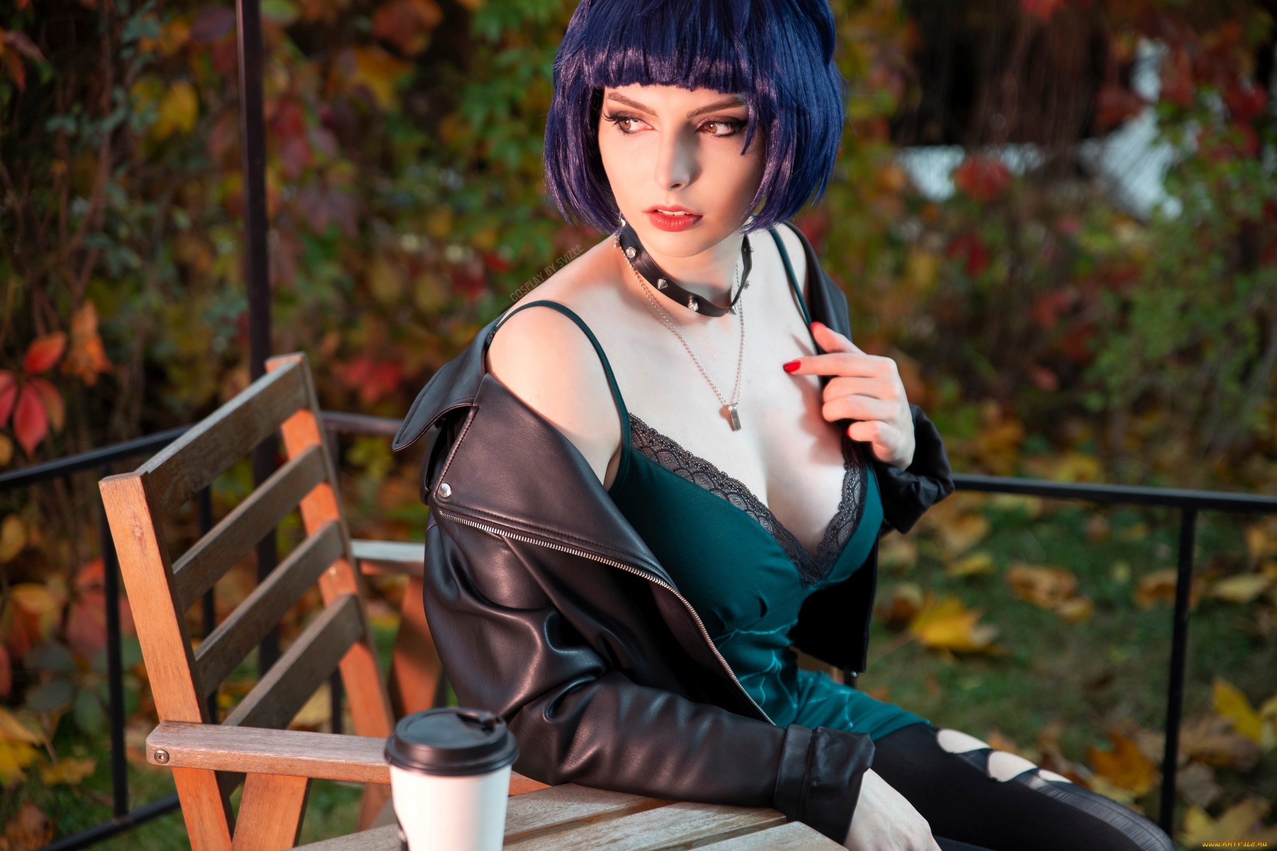 девушки, анастасия, волкова, , svizee, образ, косплей, наряд, куртка, осень, терраса, колготки, дырки, стол, стул, стакан