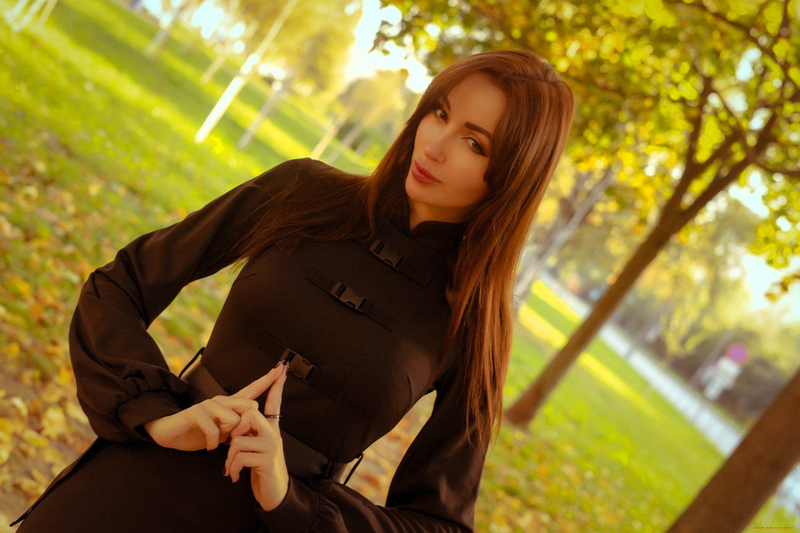 девушки, valery, himera, , lera, himera, шатенка, платье, жест, парк, осень, деревья, трава