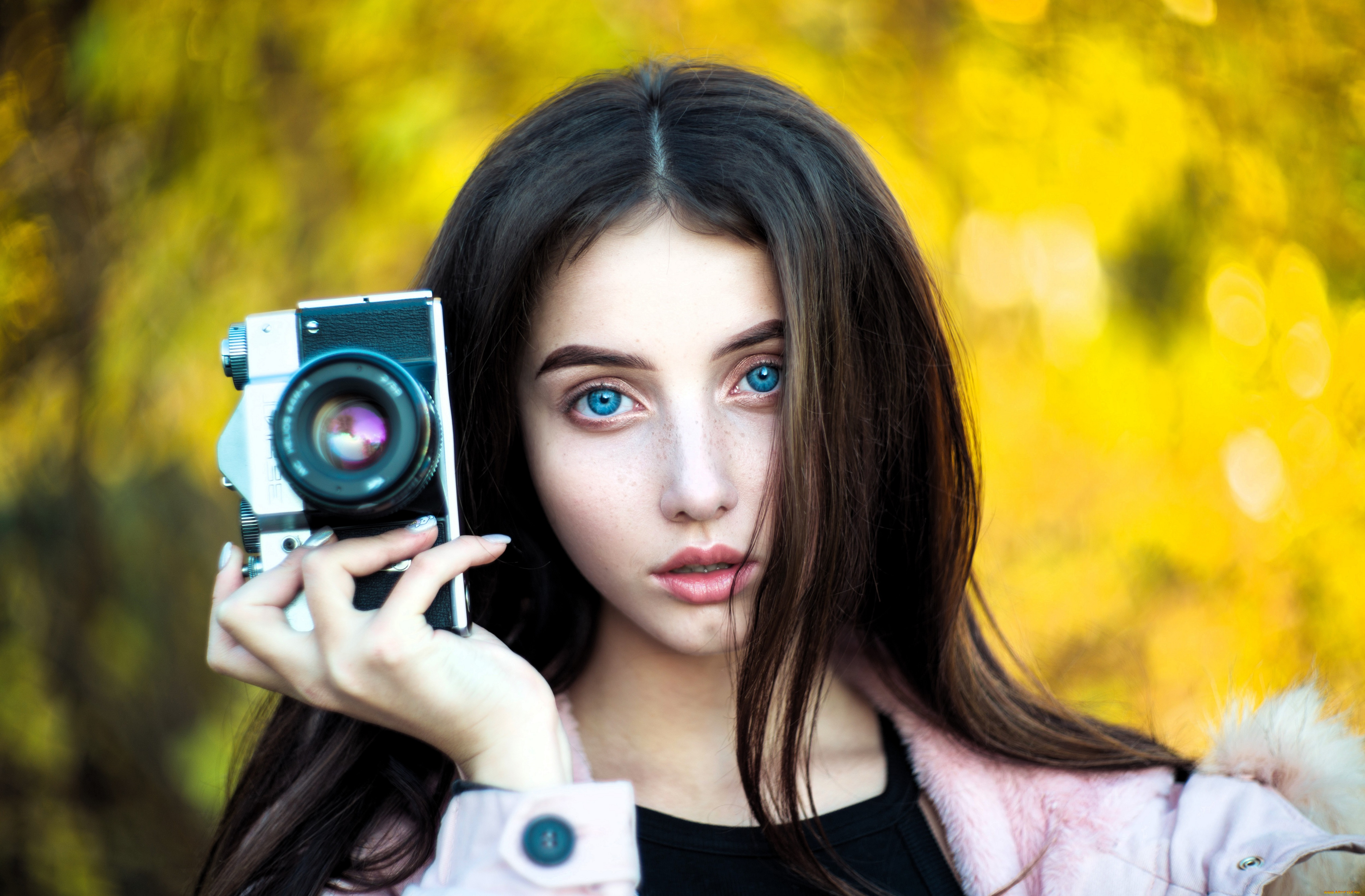 девушки, -, лица, , портреты, шатенка, лицо, камера, фотоаппарат, осень