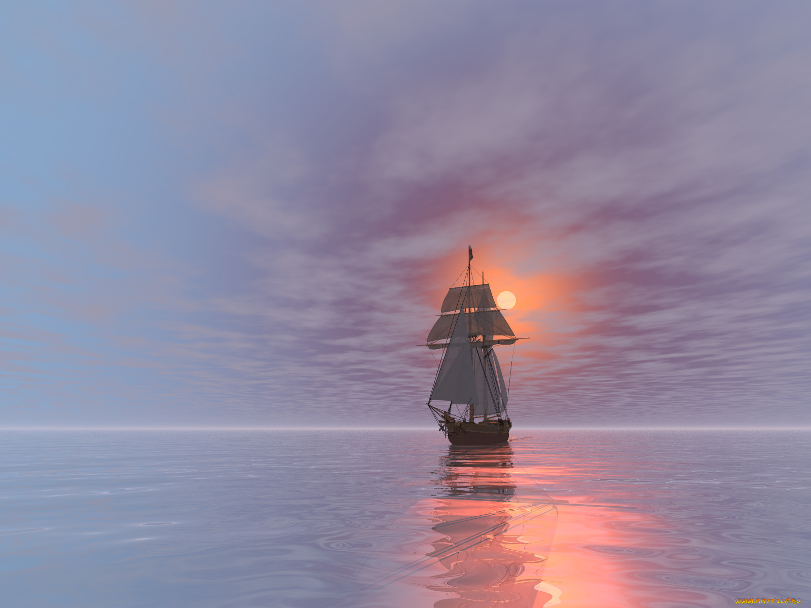 3д, графика, sea, undersea, море, закат, парусник, небо