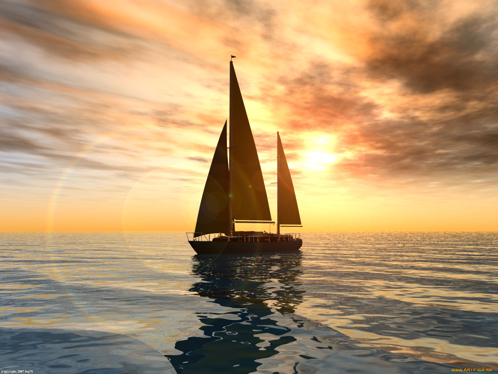 3д, графика, sea, undersea, море, закат, парусник, небо