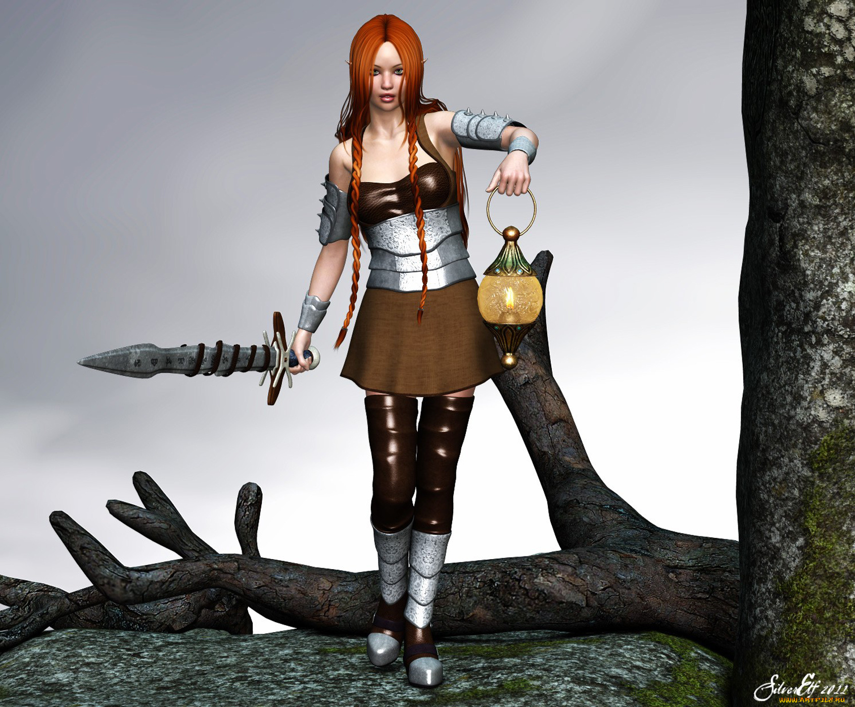 3д, графика, elves, эльфы, меч, дерево, фонарь