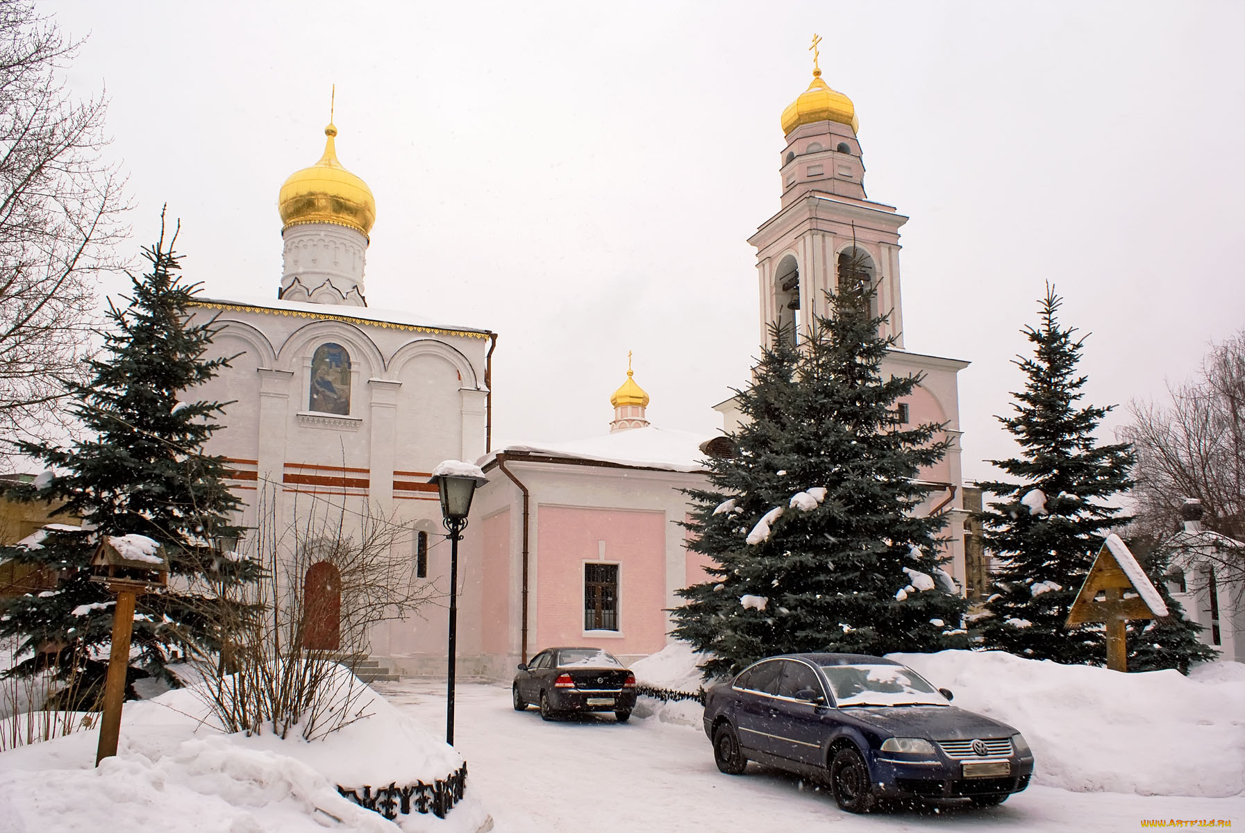 храм, рождества, богородицы, старом, симонове, города, православные, церкви, монастыри, ели, снег, автомобили
