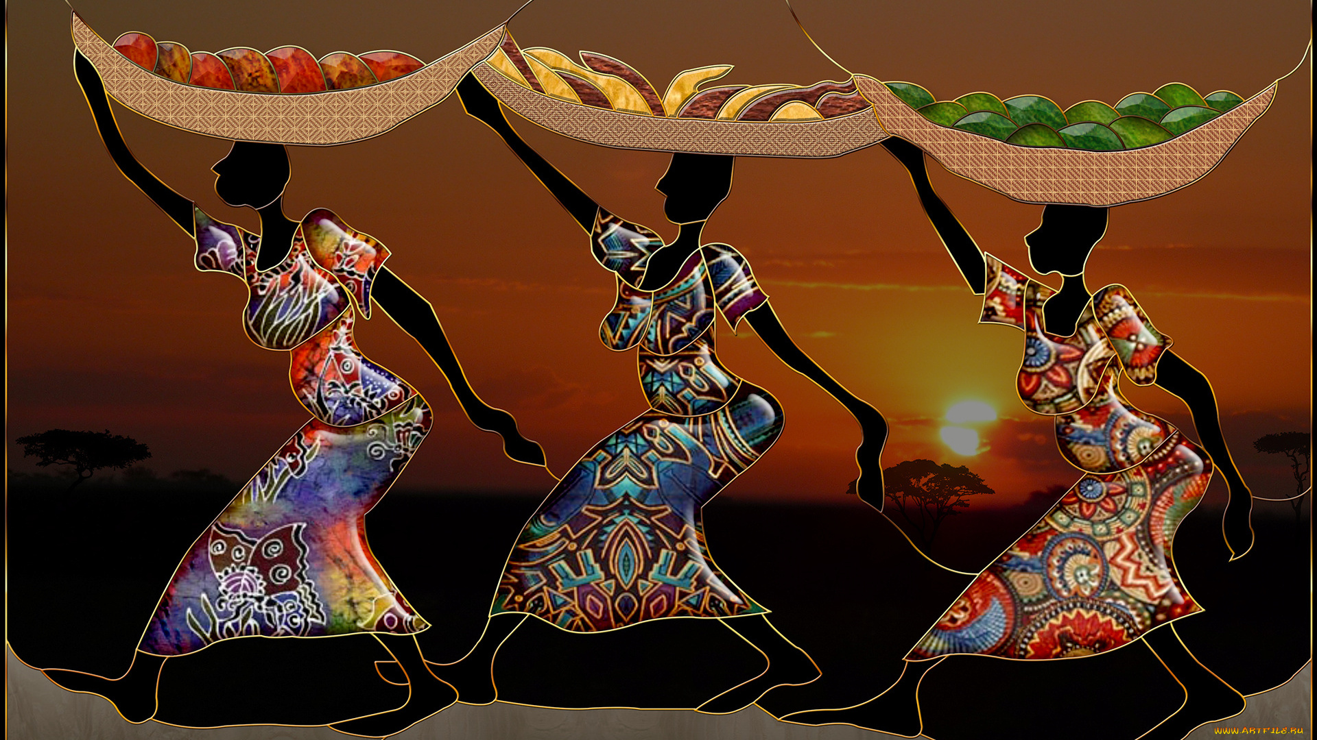 3д, графика, people, люди, девушки, закат, фрукты