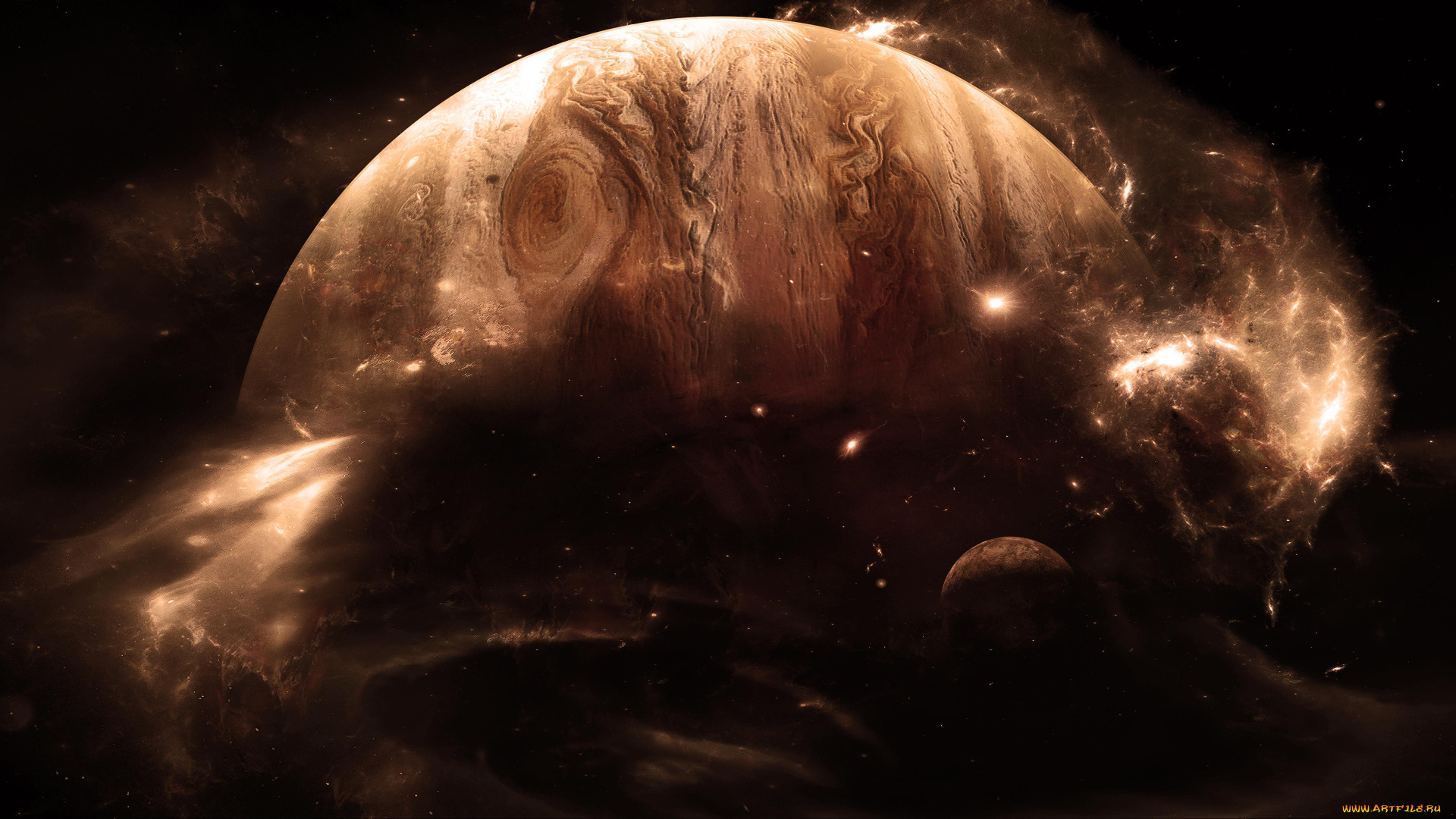 космос, арт, планета, газовый, гигант, спутник, свет, звезды
