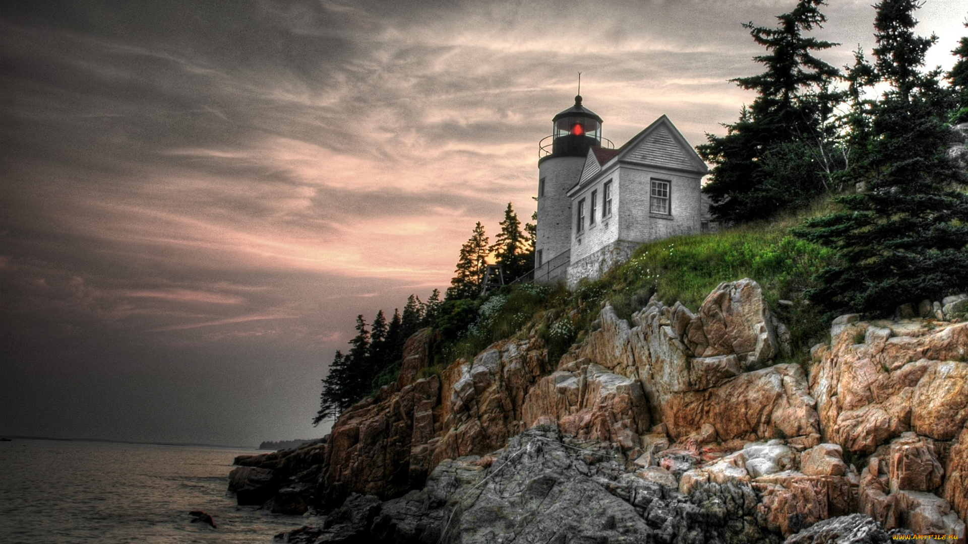 природа, маяки, деревья, обрыв, вода, пасмурно