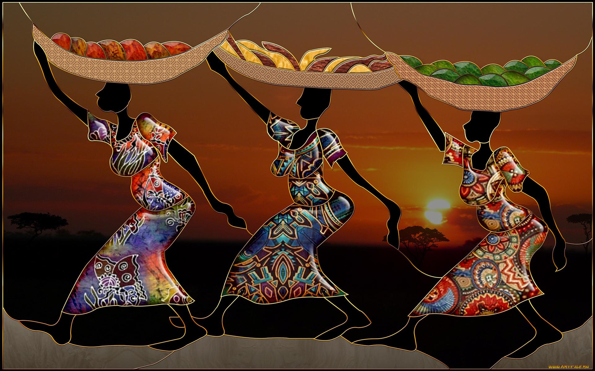 3д, графика, people, люди, девушки, закат, фрукты