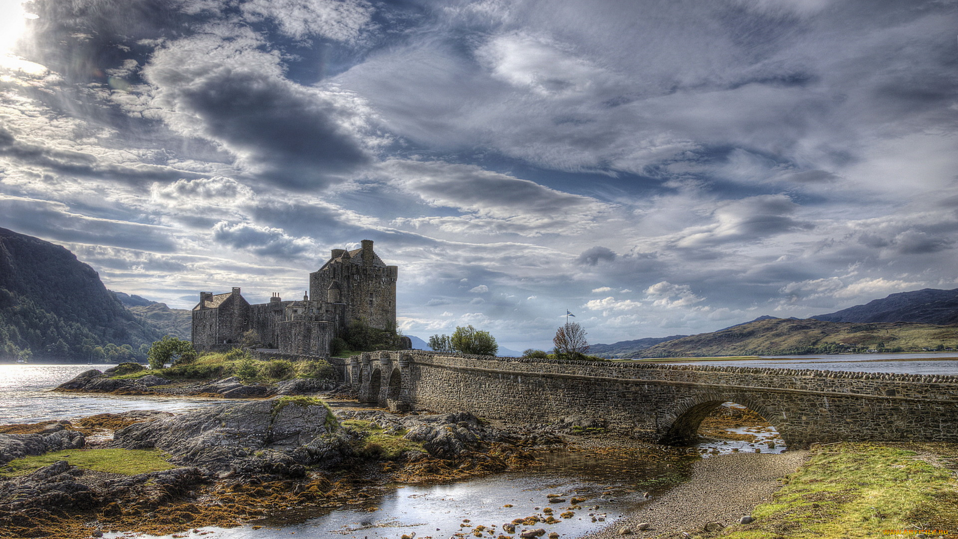 города, замок, эйлиан, донан, шотландия, облака, мост