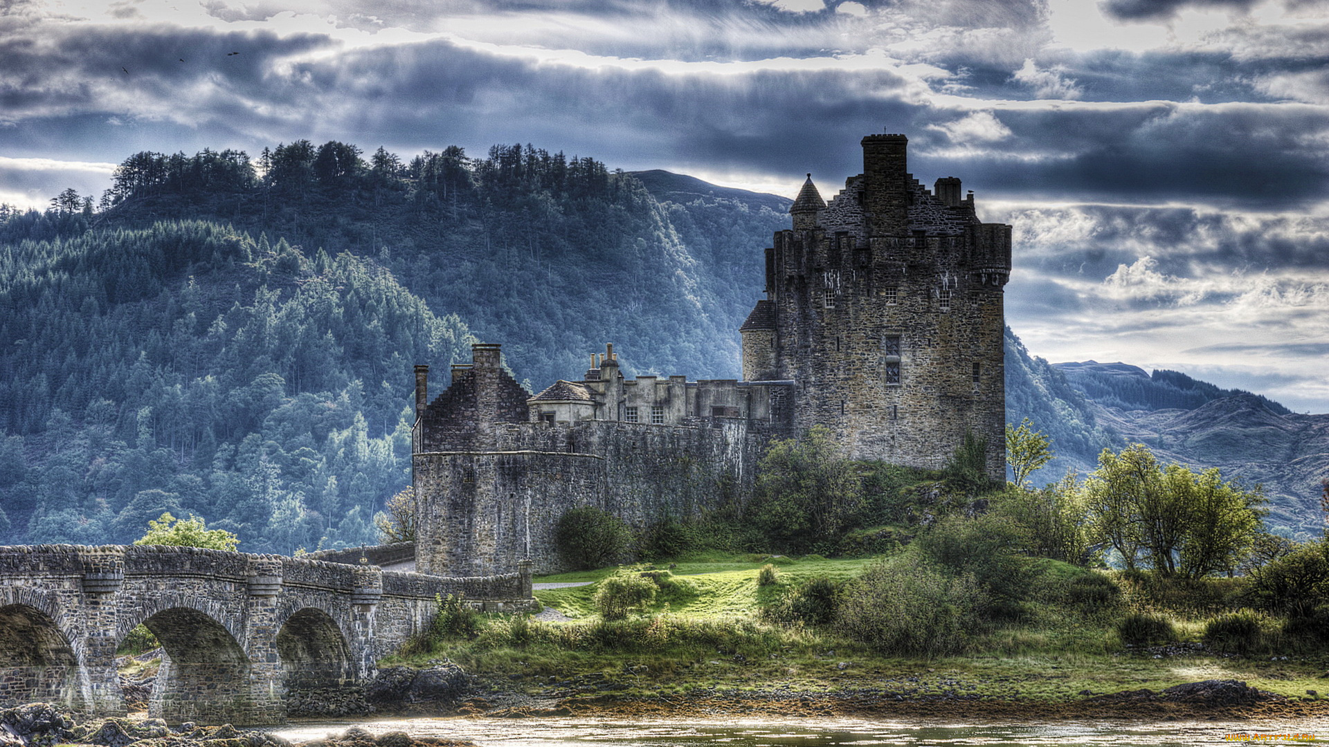 города, замок, эйлиан, донан, шотландия, облака, горы, лес