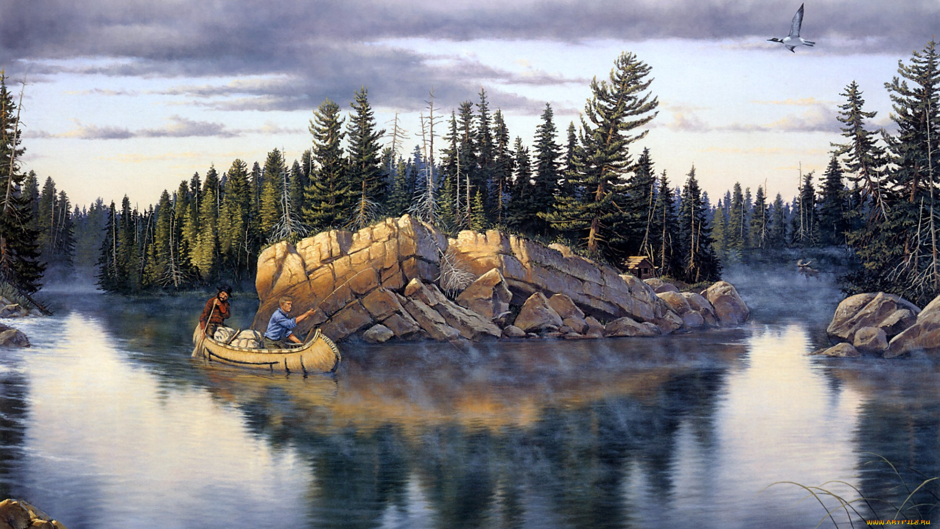 northland, splendor, рисованные, derk, hansen, рыбаки, лодка, река