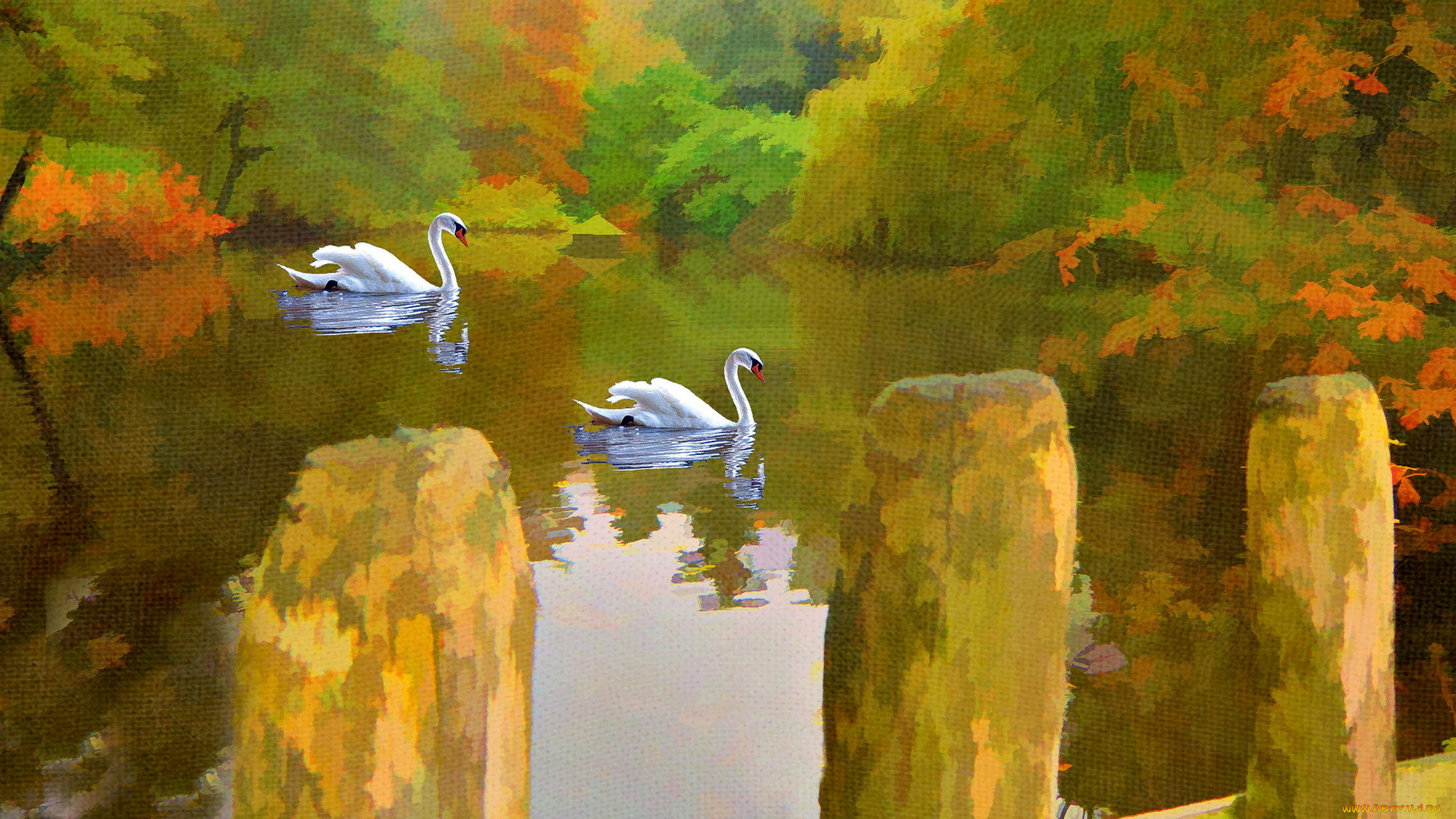 рисованные, живопись, озеро, лебеди