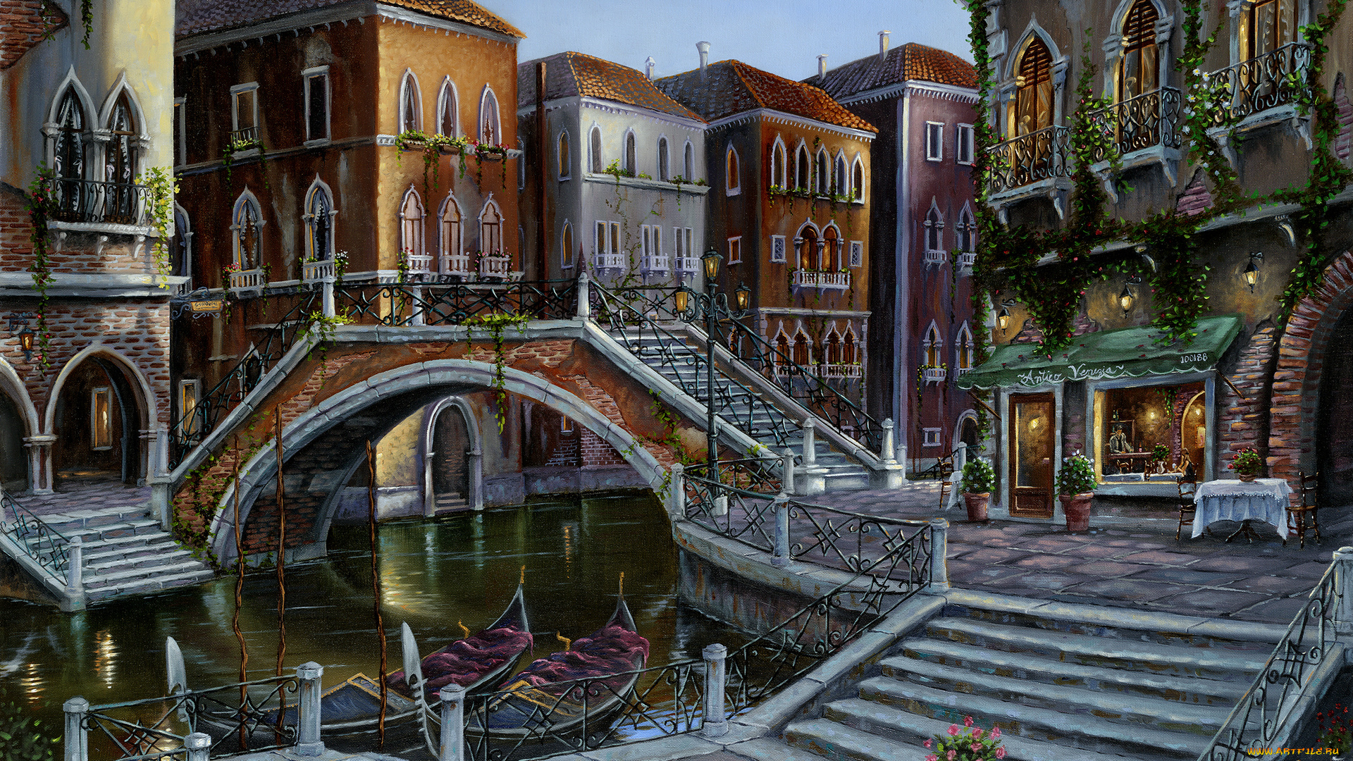 venician, sunrise, рисованные, robert, finale, мост, венеция, италия, город, дома, канал, гондола