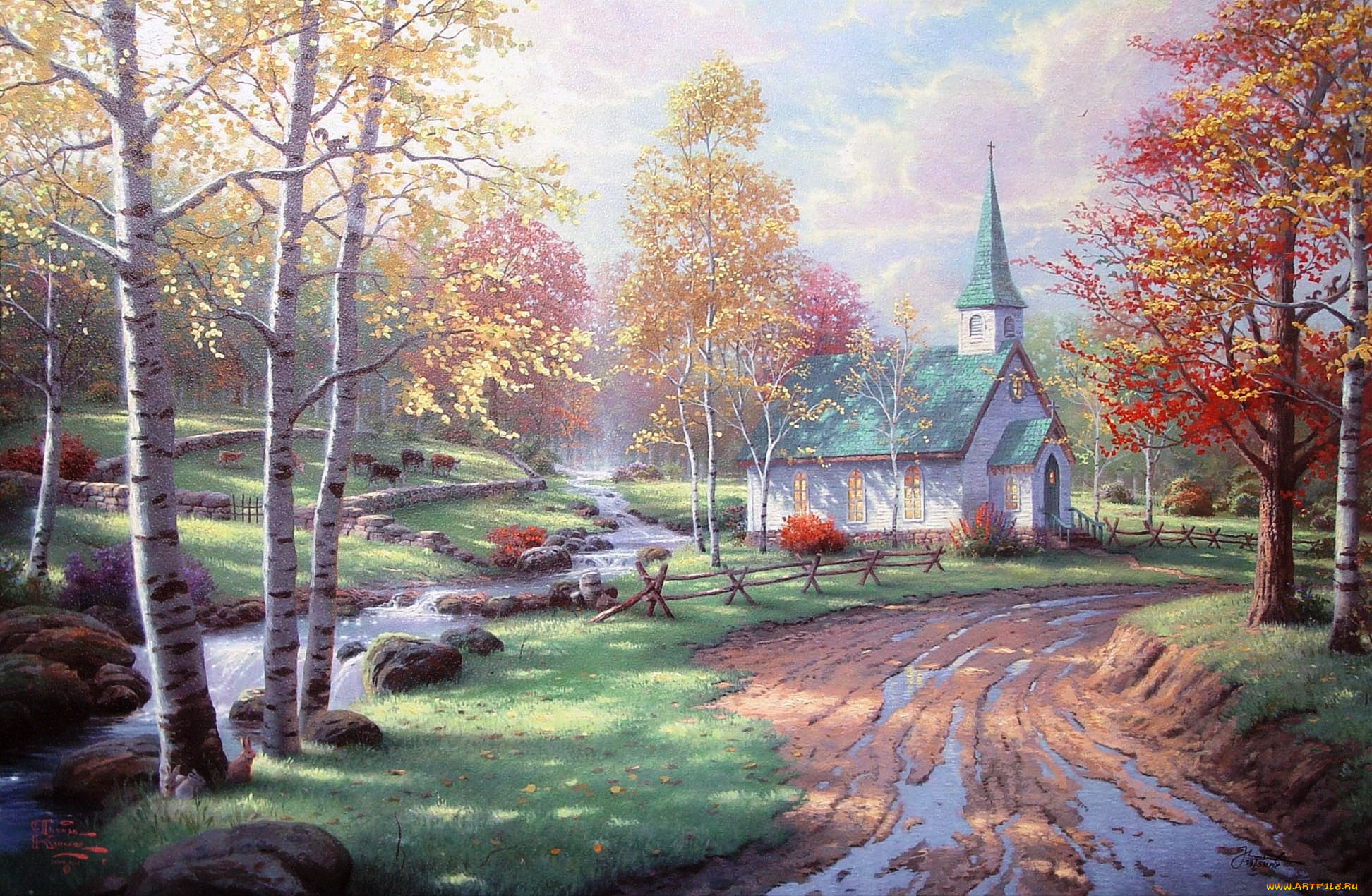 aspen, chapel, рисованные, thomas, kinkade, часовня, осень, березы
