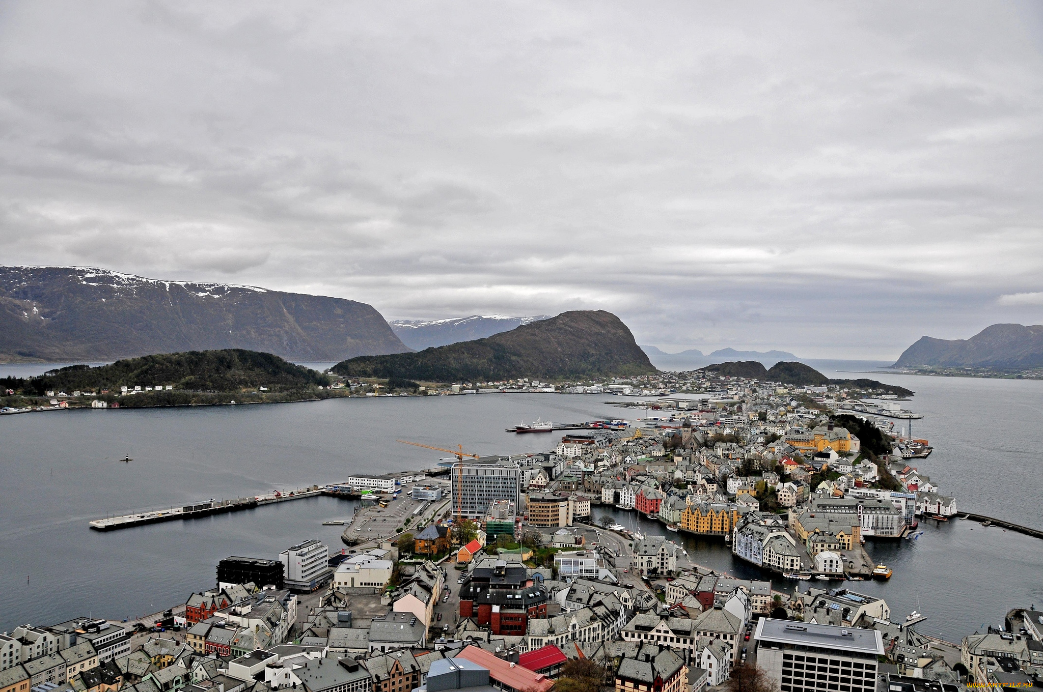 норвегия, города, панорамы, вода, горы, дома, alesund, norway
