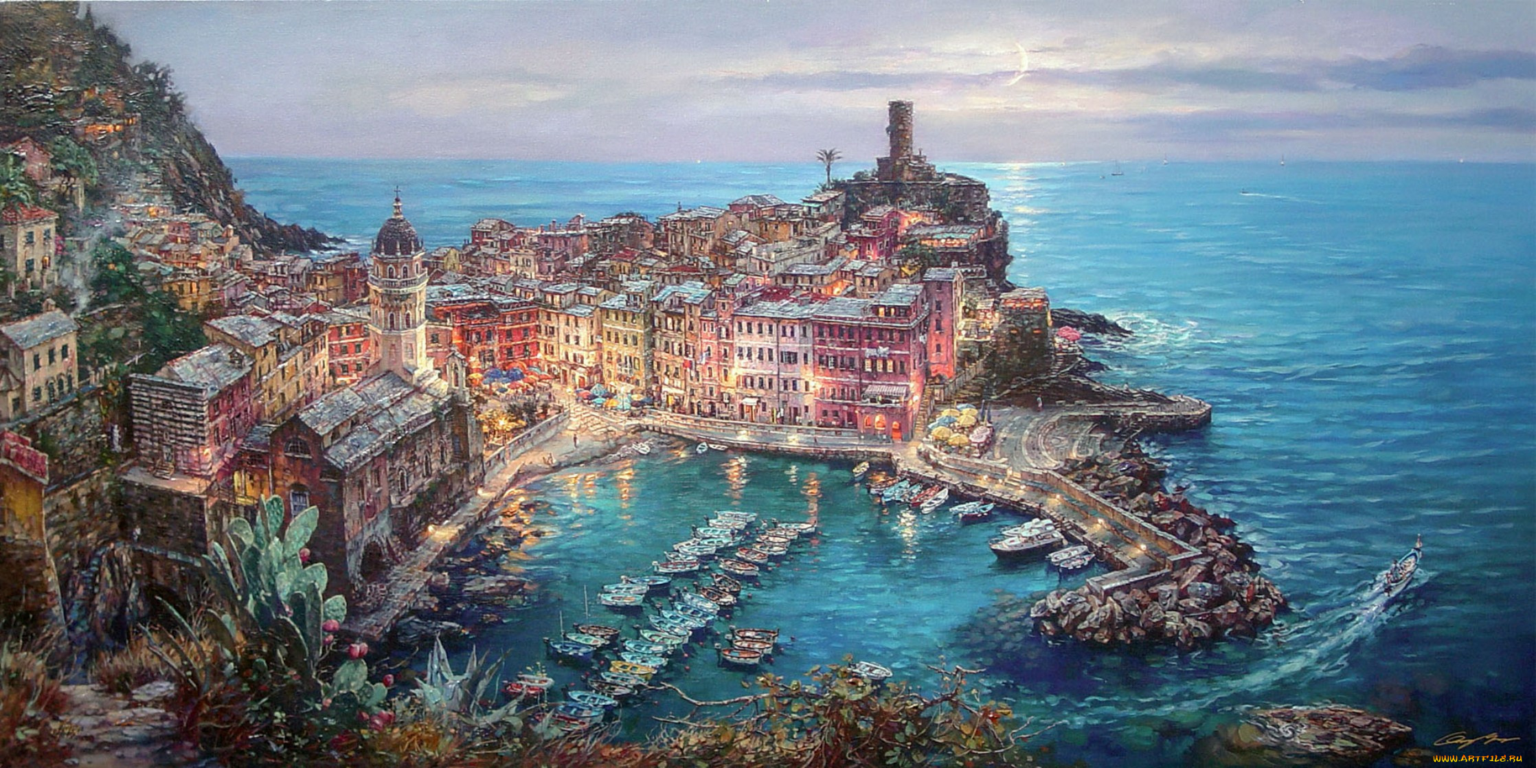 moonlight, in, vernazza, рисованные, cao, yong, италия, вернацца, море, город