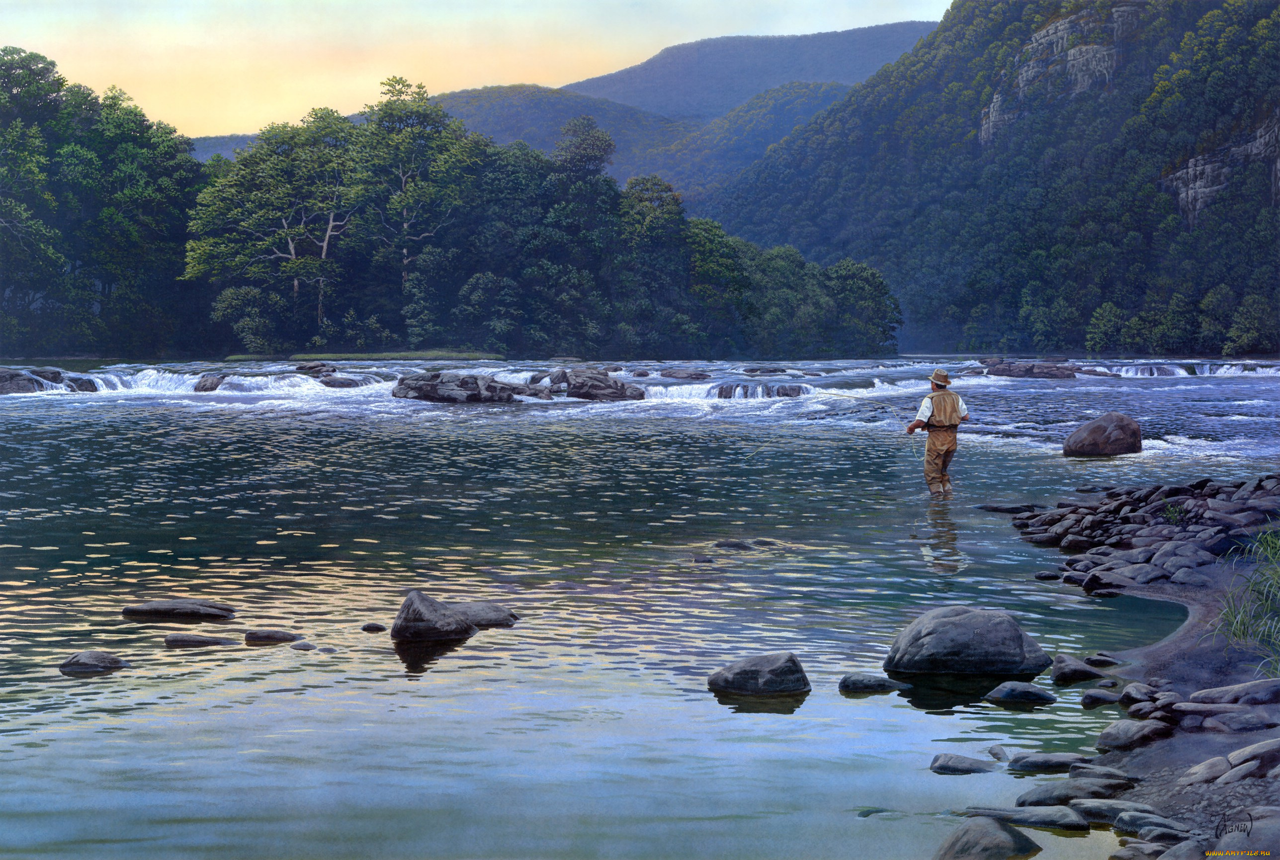 almost, heaven, рисованные, al, agnew, рыбак, горы, река