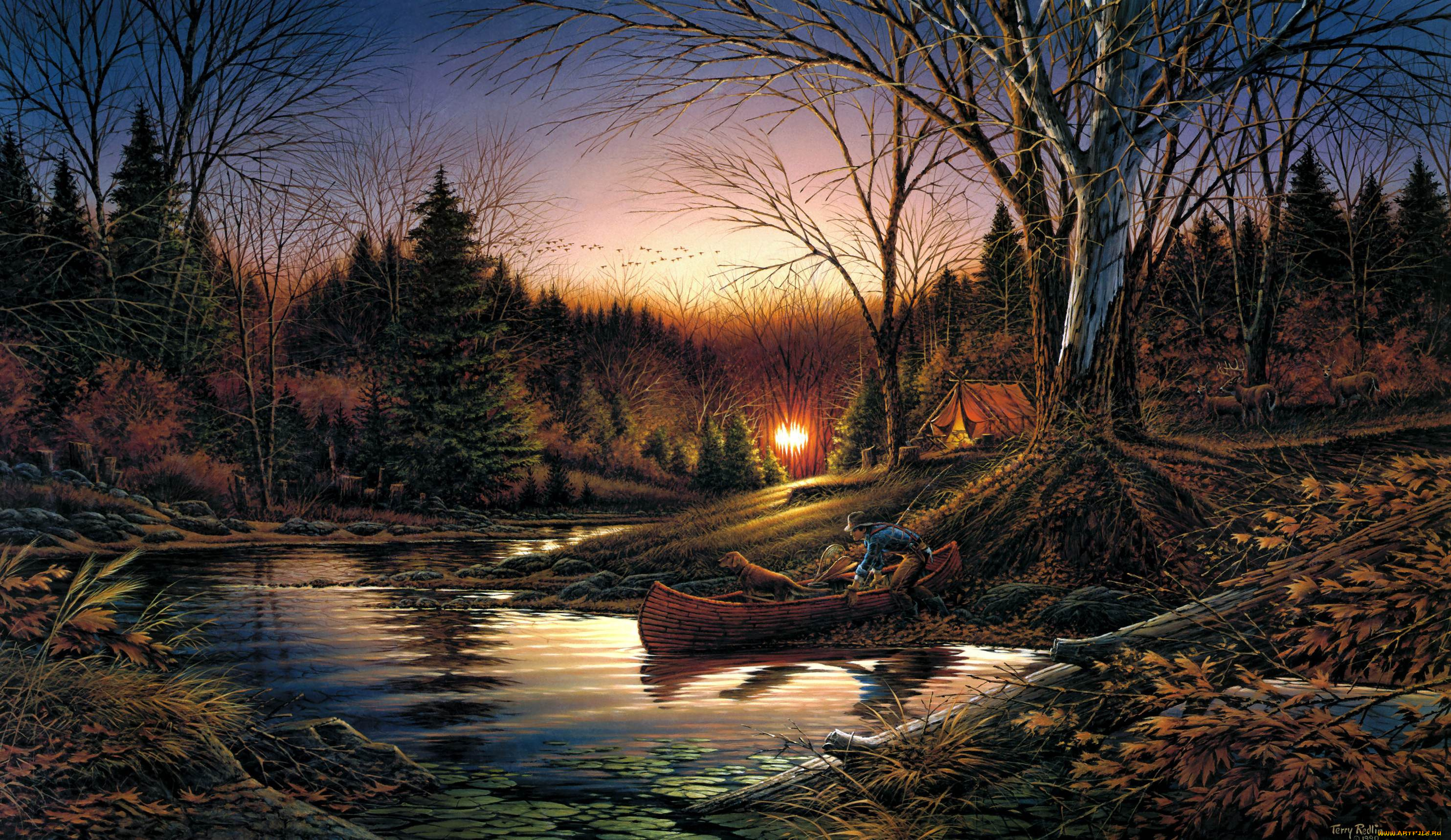 morning, solitude, рисованные, terry, redlin, утро, палатка, осень, лодка, олени, собака