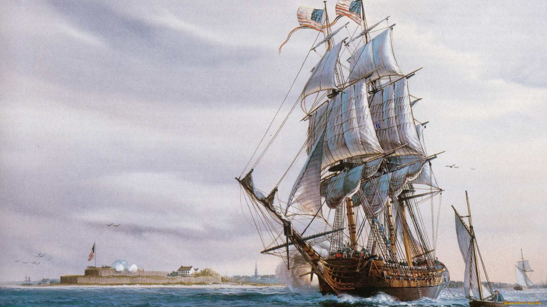 рисованные, другое, постройки, форт, лодка, парусник, акватория, масло, холст, картина, облака, небо, порт, гавань, вода