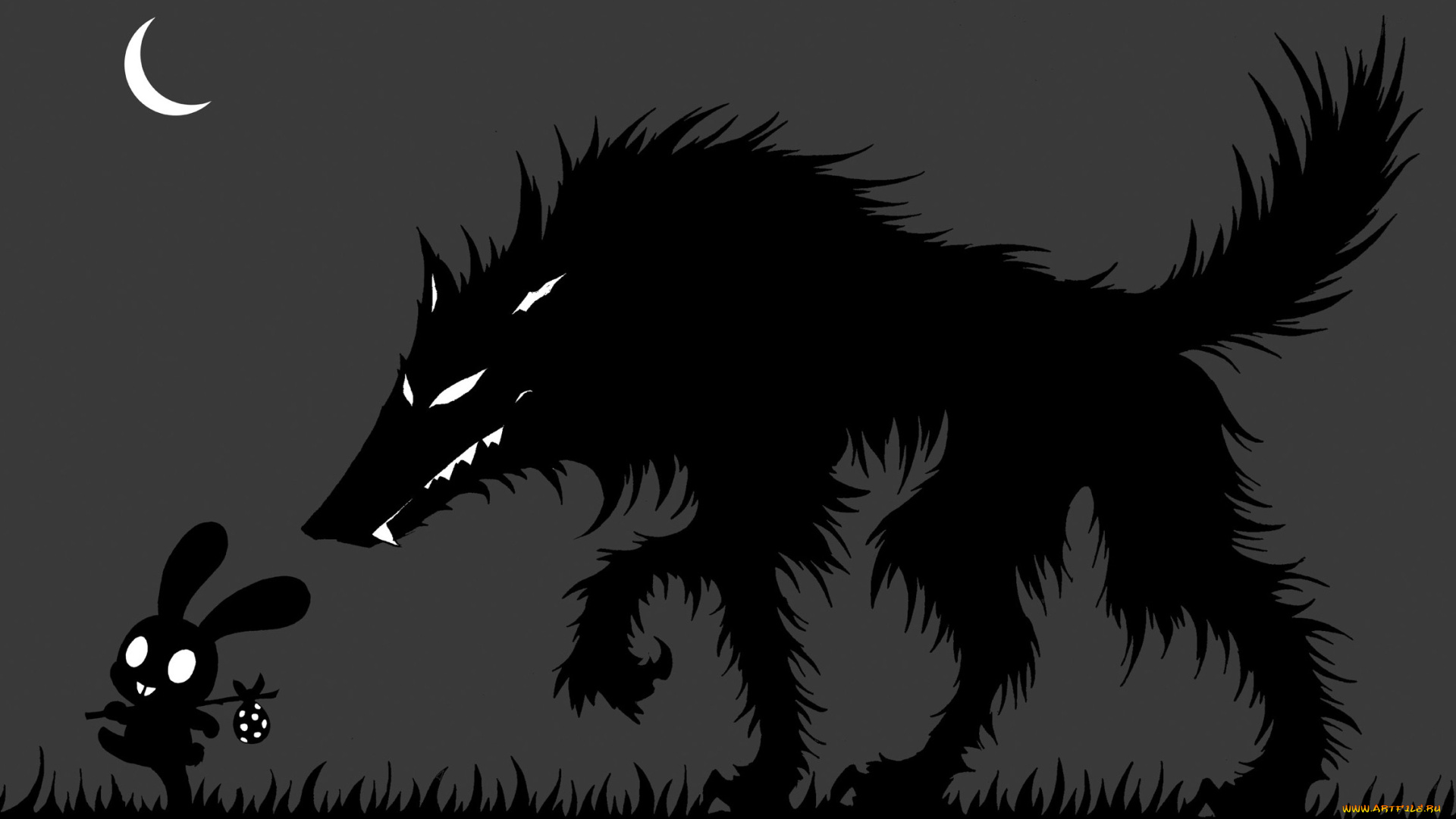 рисованные, минимализм, волк, луна, ночь, заець