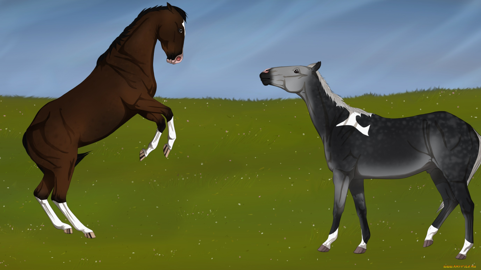 рисованные, животные, лошади, луг