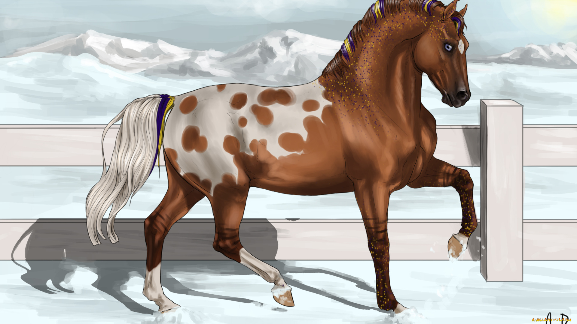 рисованные, животные, сказочные, мифические, забор, снег, лошадь