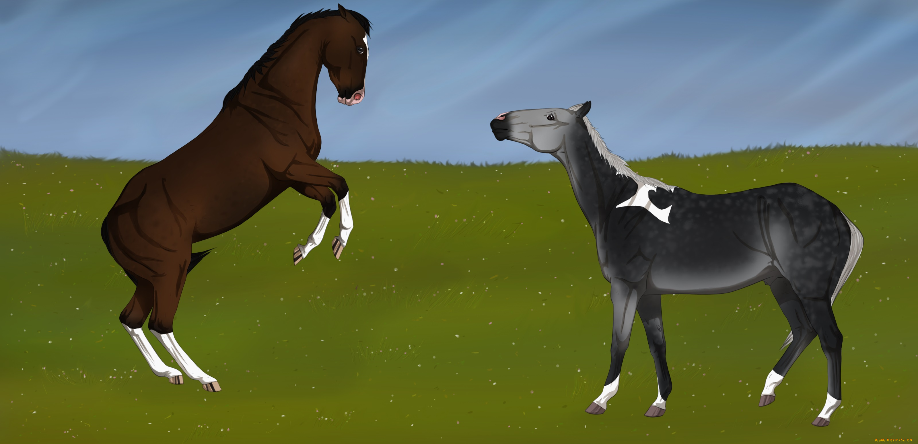 рисованные, животные, лошади, луг