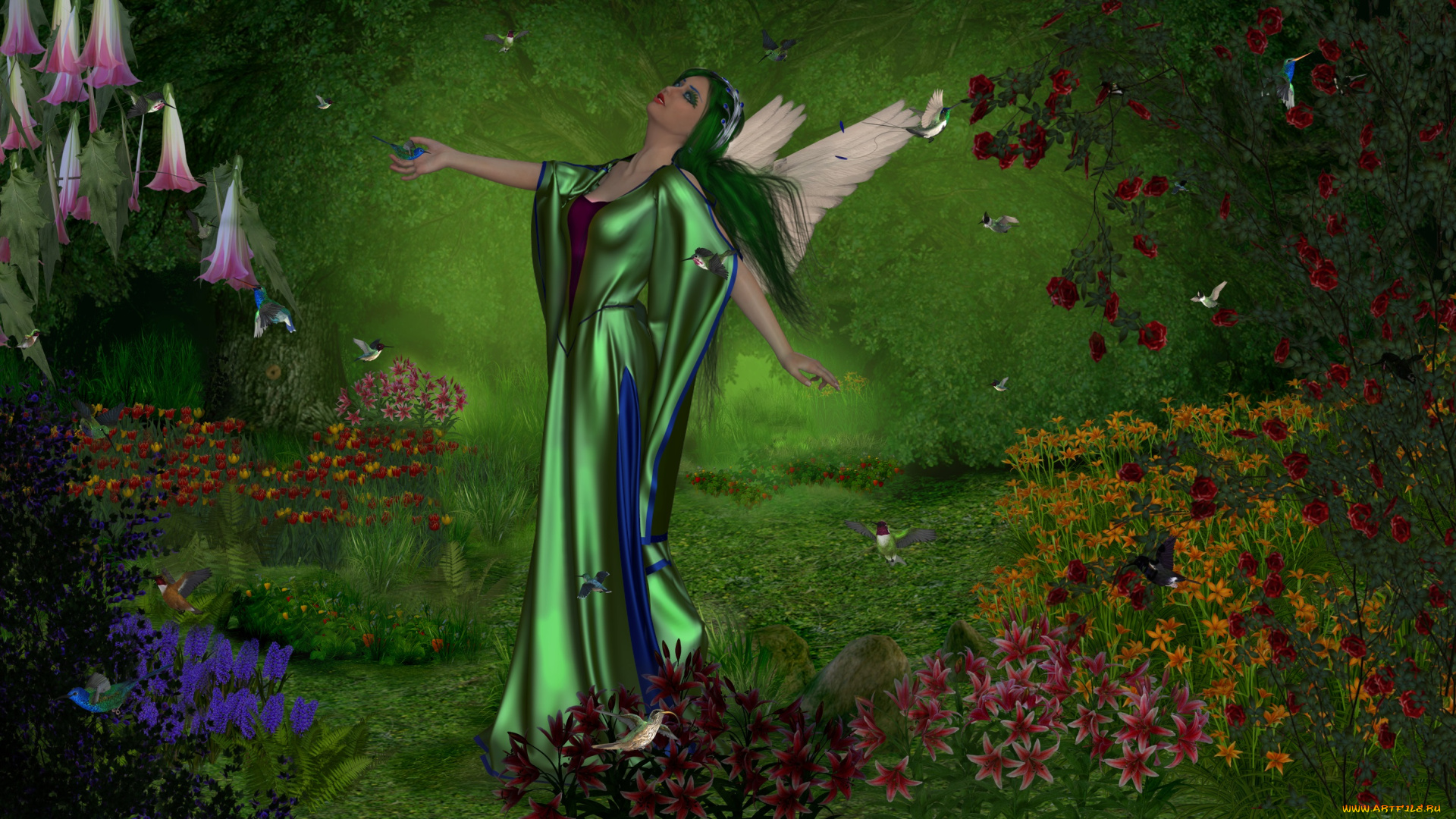 3д, графика, эльфы, , elves, птицы, цветы, крылья, поляна, взгляд, эльфийка