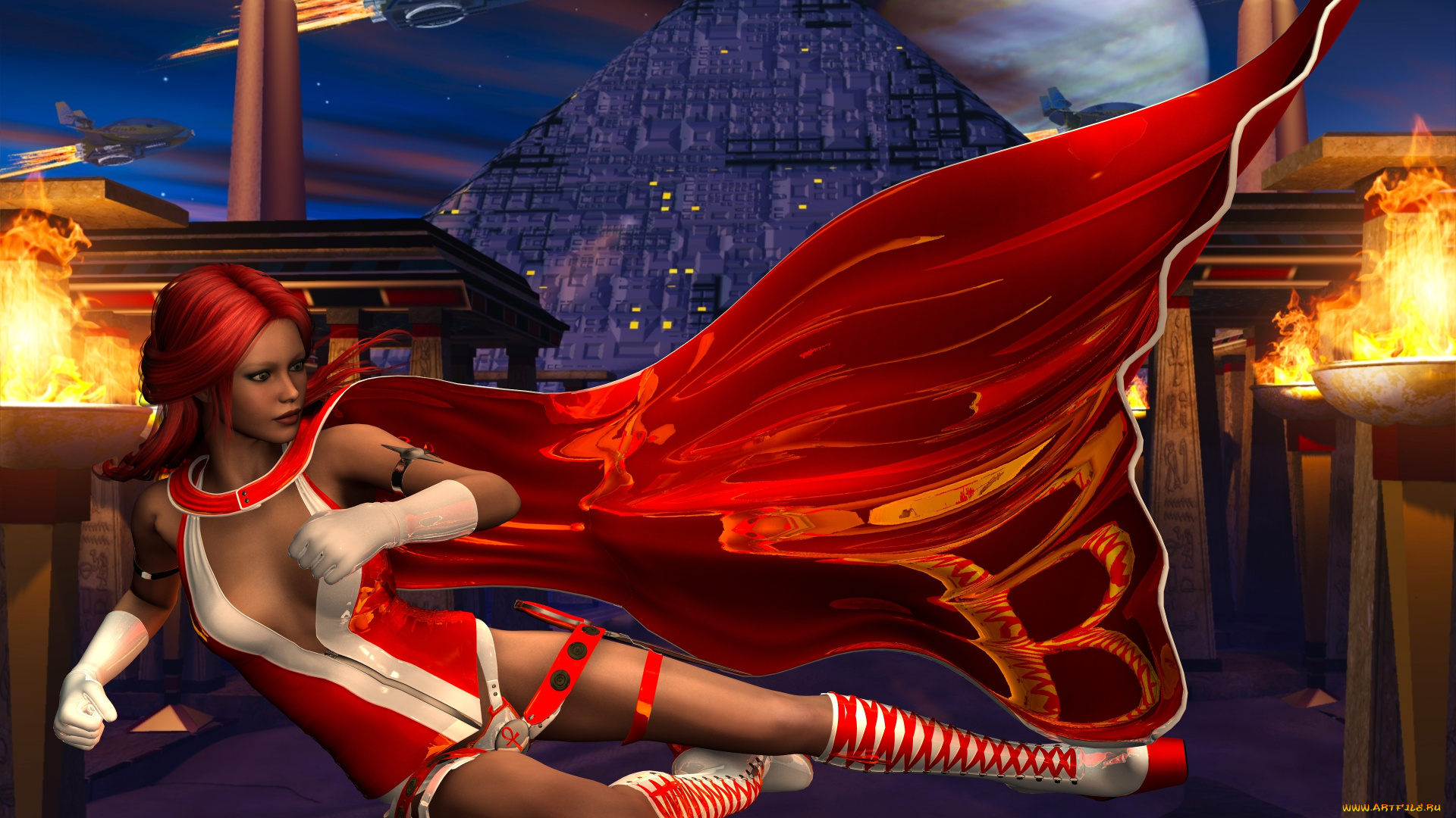 3д, графика, фантазия, , fantasy, девушка, планета, пирамида, полет, взгляд, факелы, плащ, космические, корабли