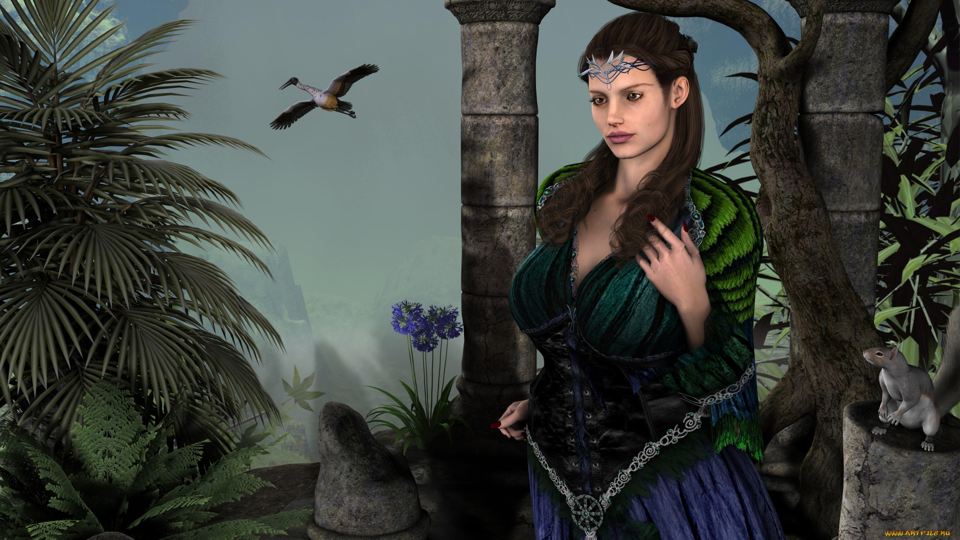 3д, графика, фантазия, , fantasy, взгляд, цветы, деревья, белка, девушка, птица