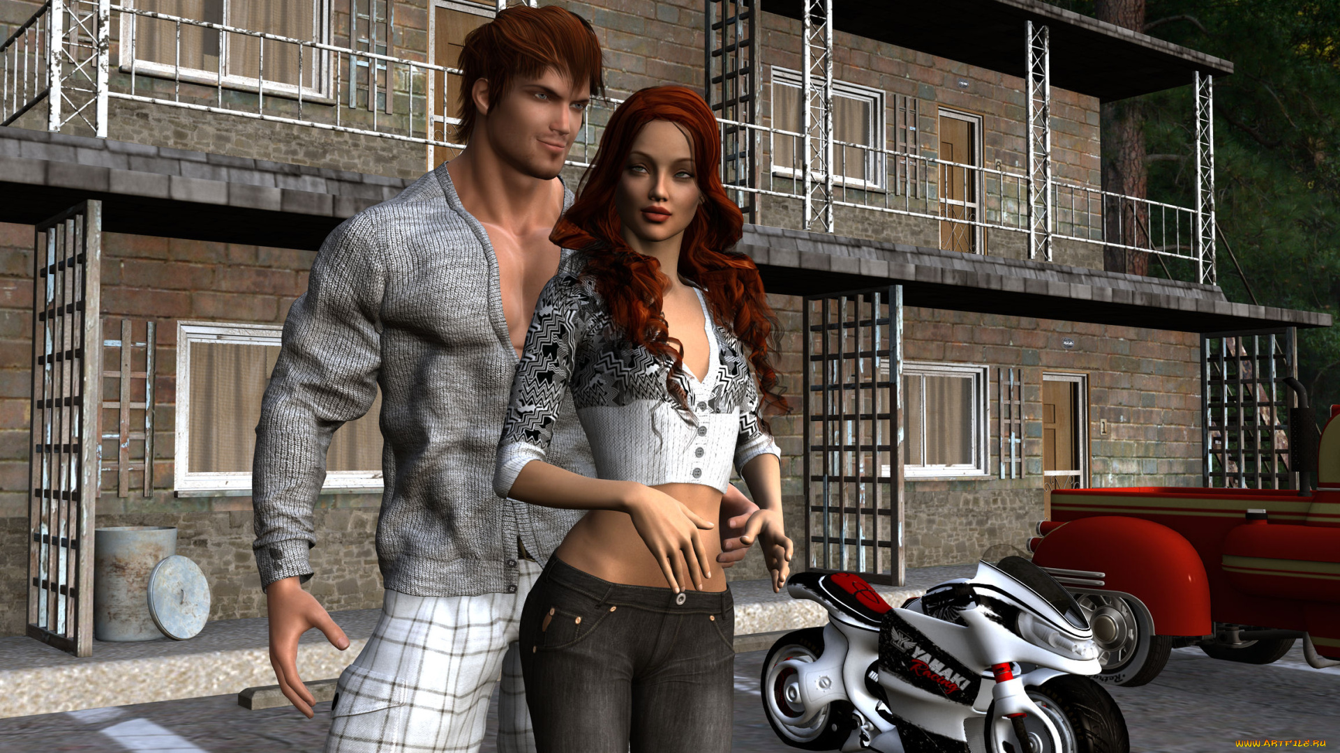 3д, графика, люди, , people, автомобиль, мотоцикл, взгляд, мужчина