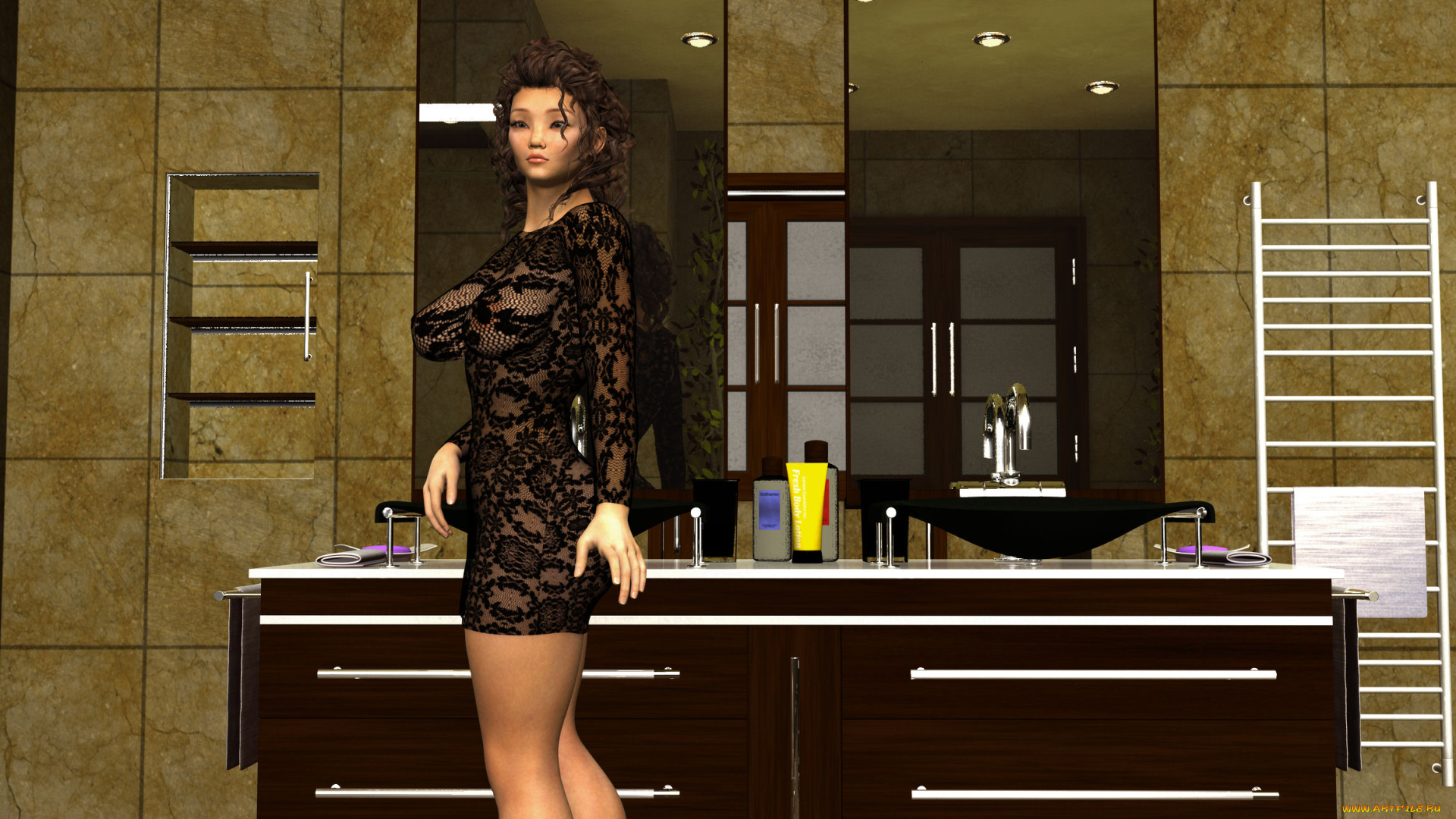 3д, графика, люди, , people, девушка, взгляд, косметика, зеркало, стол