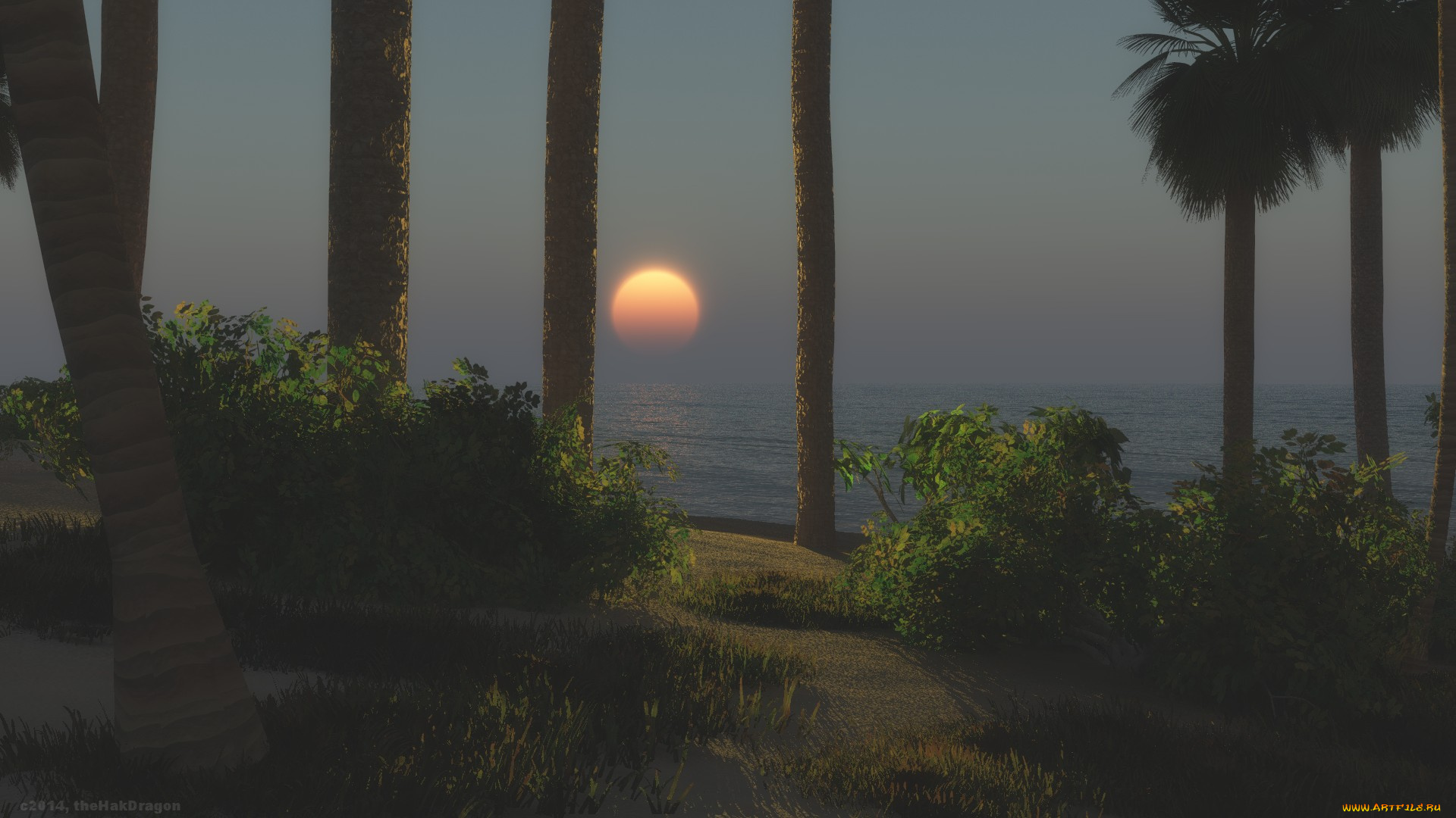 3д, графика, природа, , nature, море, небо, закат, деревья